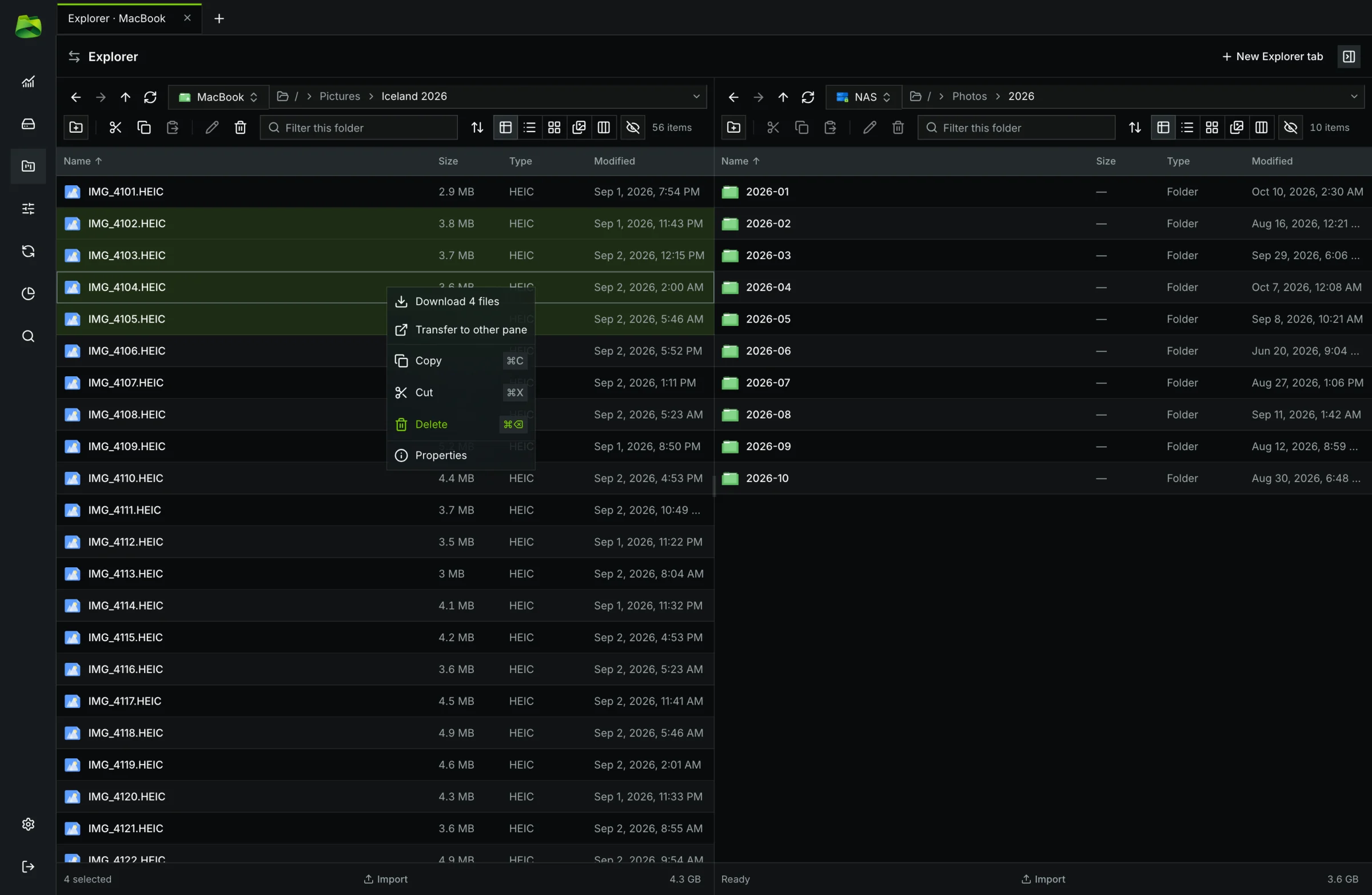Full context menu: direct download, instant transfer to the opposite pane, copy, and properties.