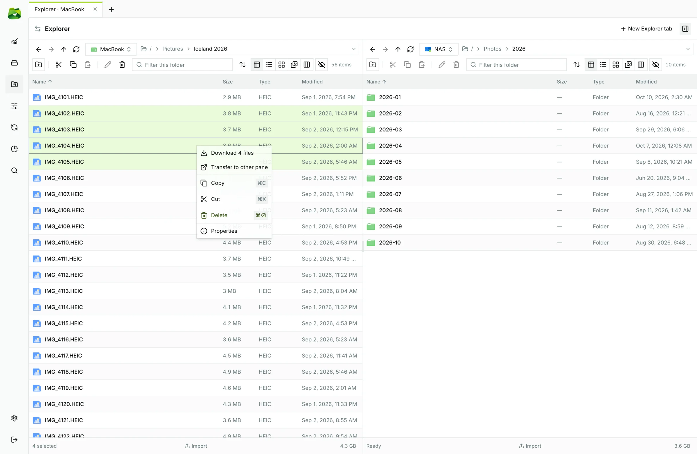 Full context menu: direct download, instant transfer to the opposite pane, copy, and properties.