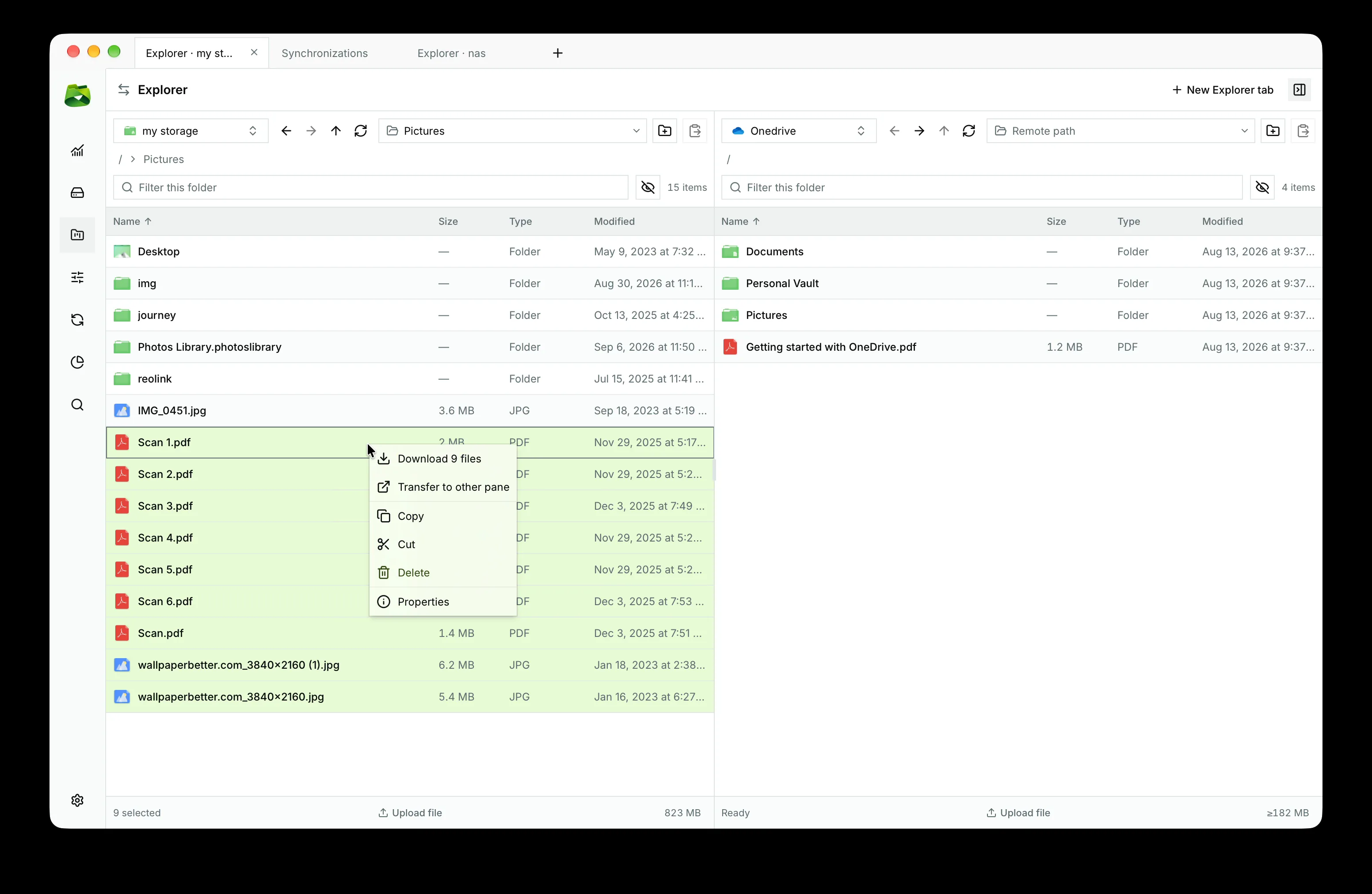 Full context menu: direct download, instant transfer to the opposite pane, copy, and properties.