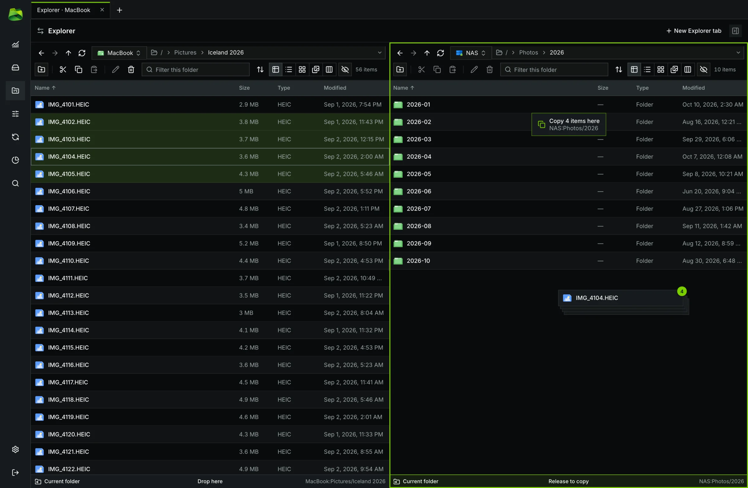 Live drag-and-drop from one pane to another with interactive badge ("Drop here to Move") and highlighted drop zone.