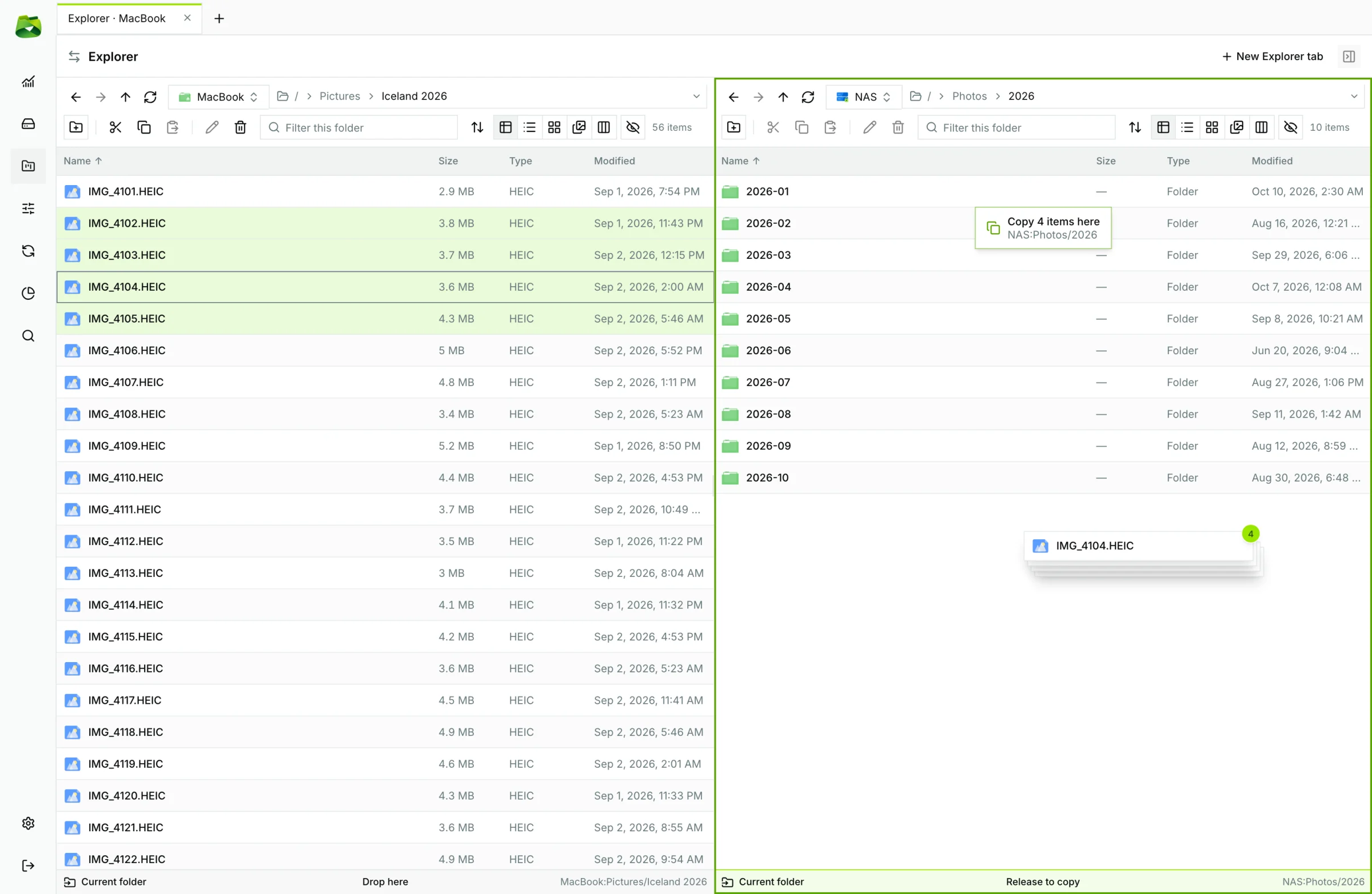 Live drag-and-drop from one pane to another with interactive badge ("Drop here to Move") and highlighted drop zone.