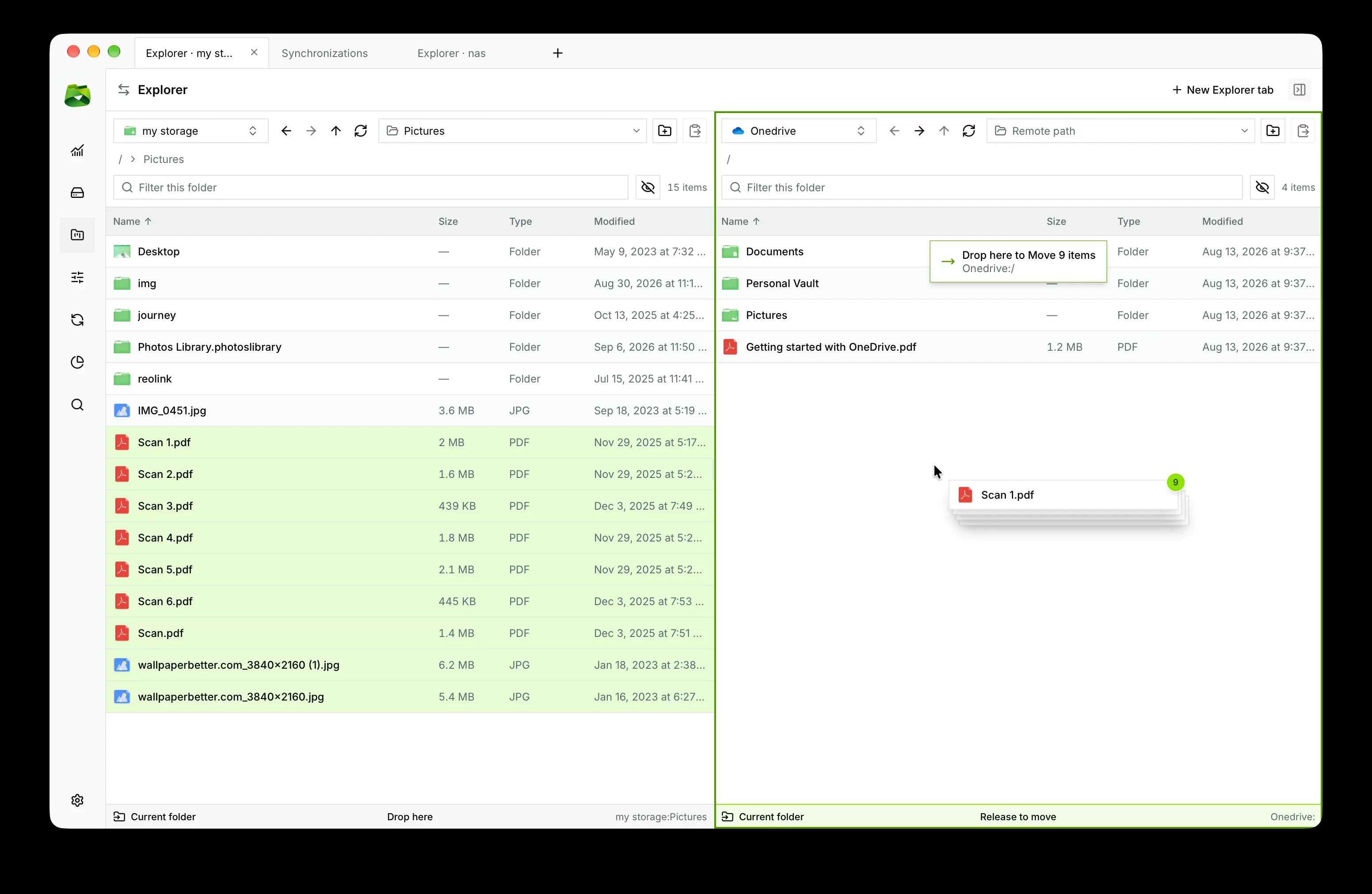 Live drag-and-drop from one pane to another with interactive badge ("Drop here to Move") and highlighted drop zone.