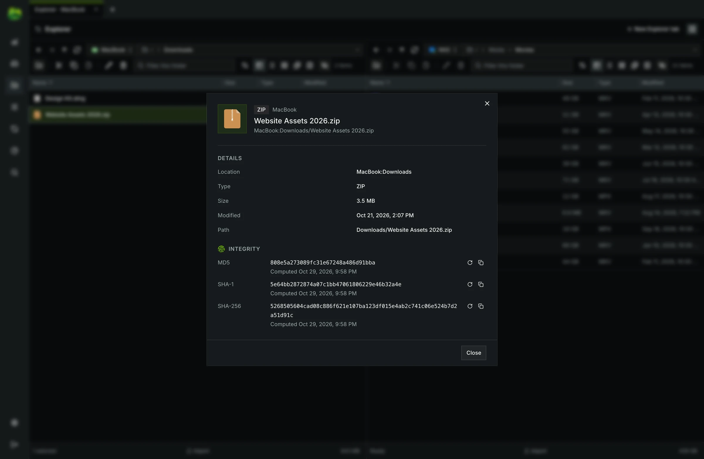 The General tab of a file's Properties with its integrity hashes, each one ready to copy.