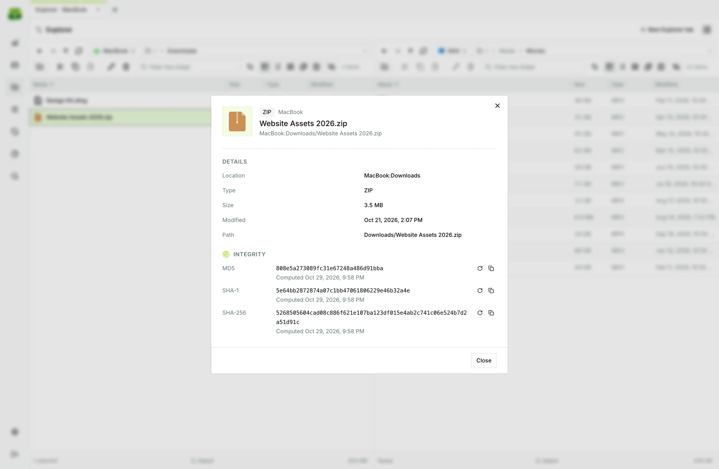 The General tab of a file's Properties with its integrity hashes, each one ready to copy.