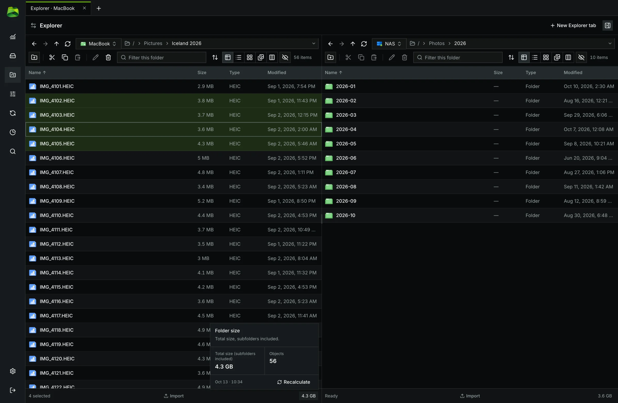 Recursive folder size calculator and hidden files toggle button.