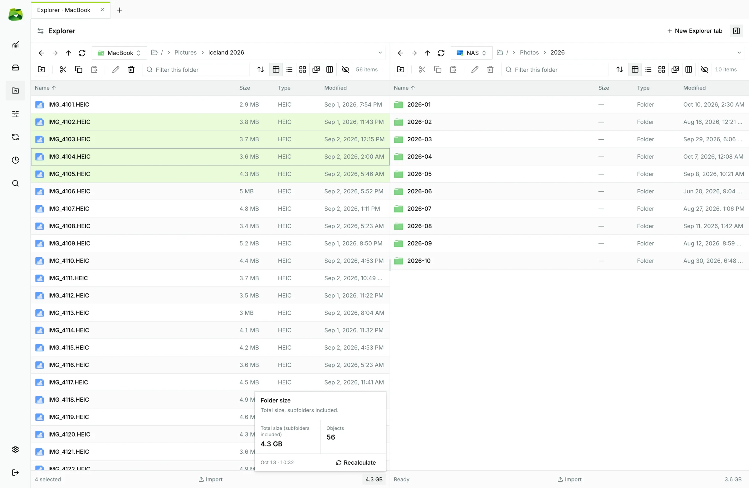 Recursive folder size calculator and hidden files toggle button.