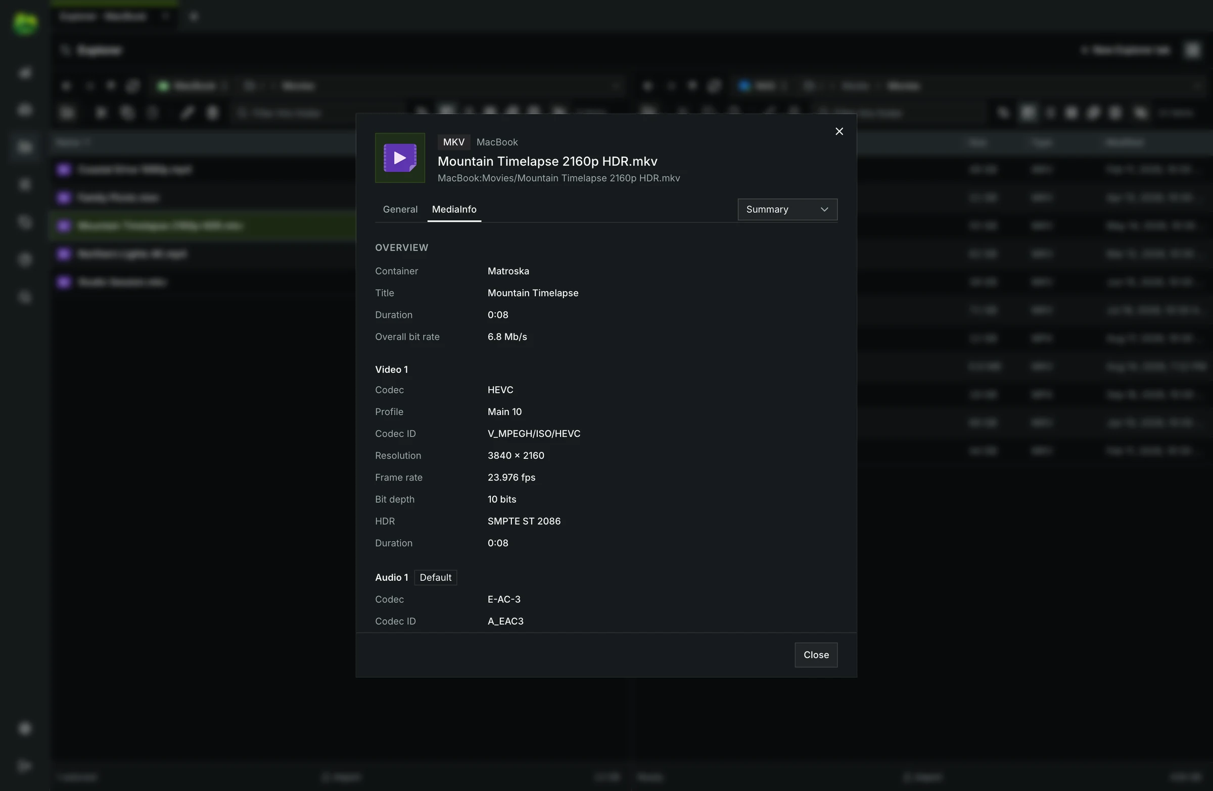 The MediaInfo tab of a film's Properties: container, duration and bit rate, then the video, audio and subtitle tracks.