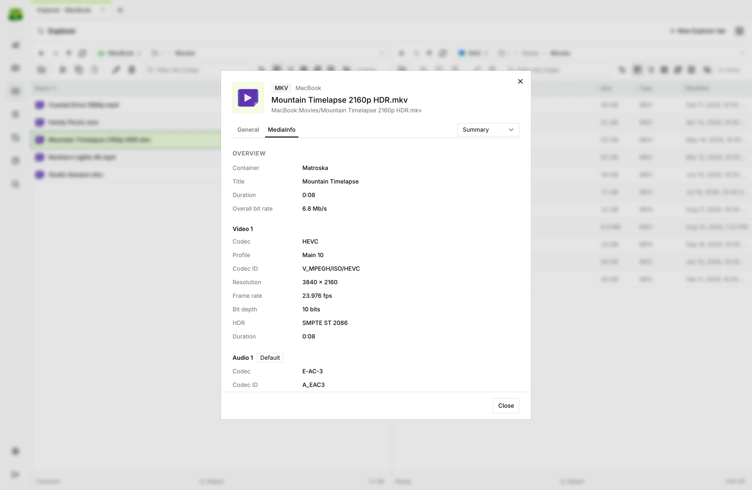 The MediaInfo tab of a film's Properties: container, duration and bit rate, then the video, audio and subtitle tracks.