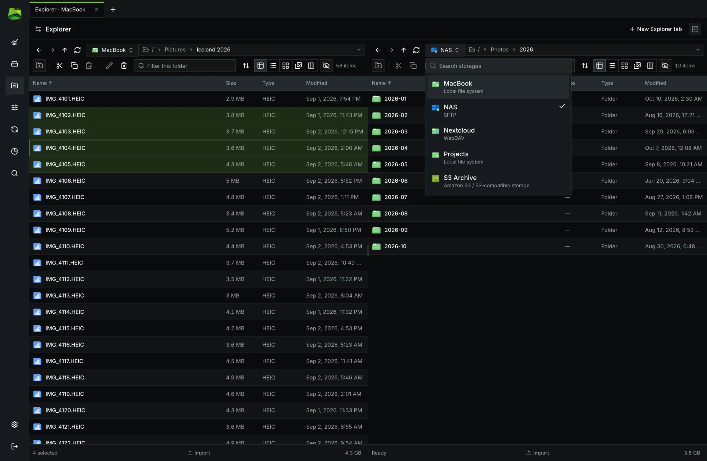 Instant storage switcher with integrated search bar per pane.