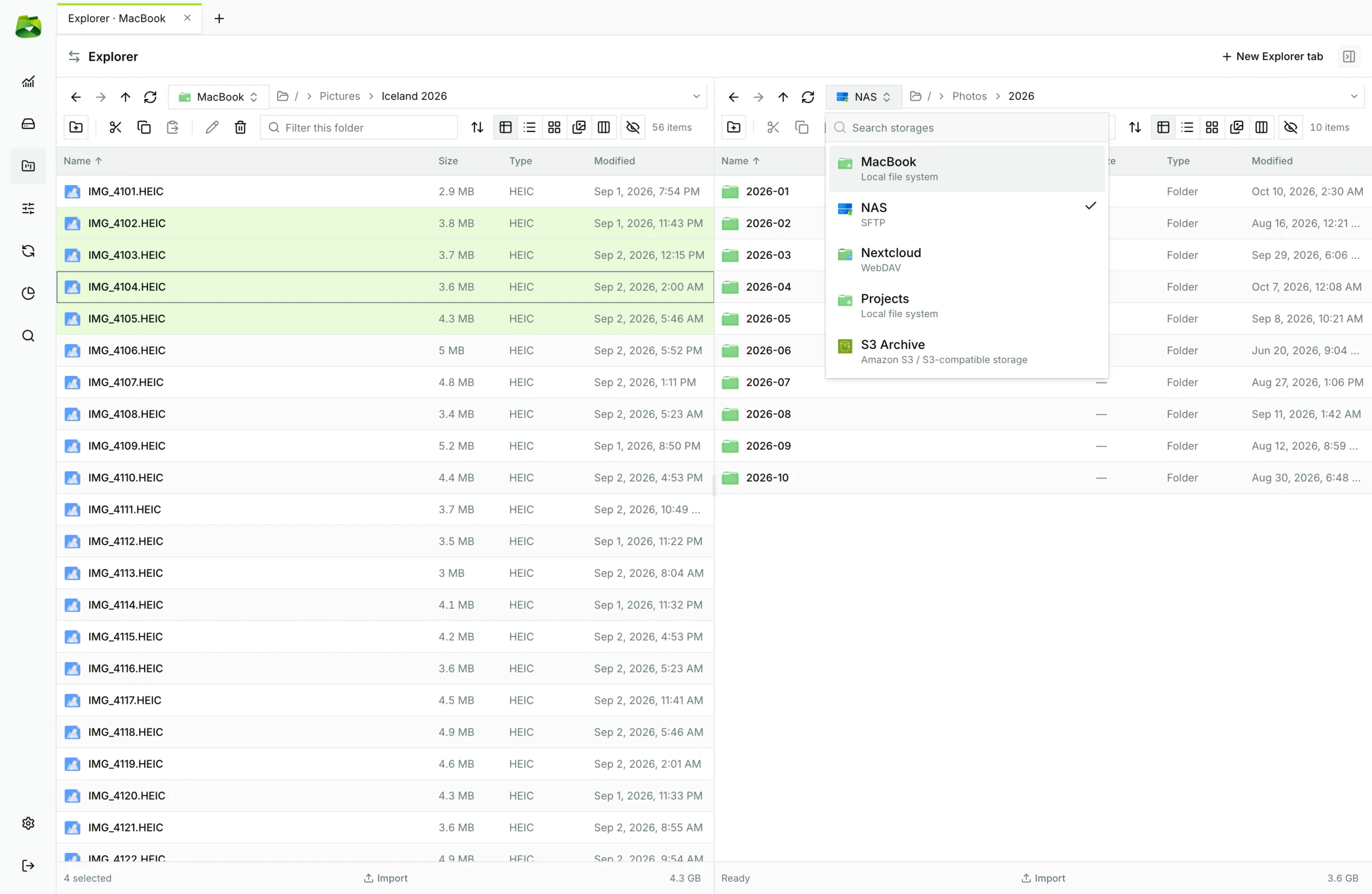 Instant storage switcher with integrated search bar per pane.