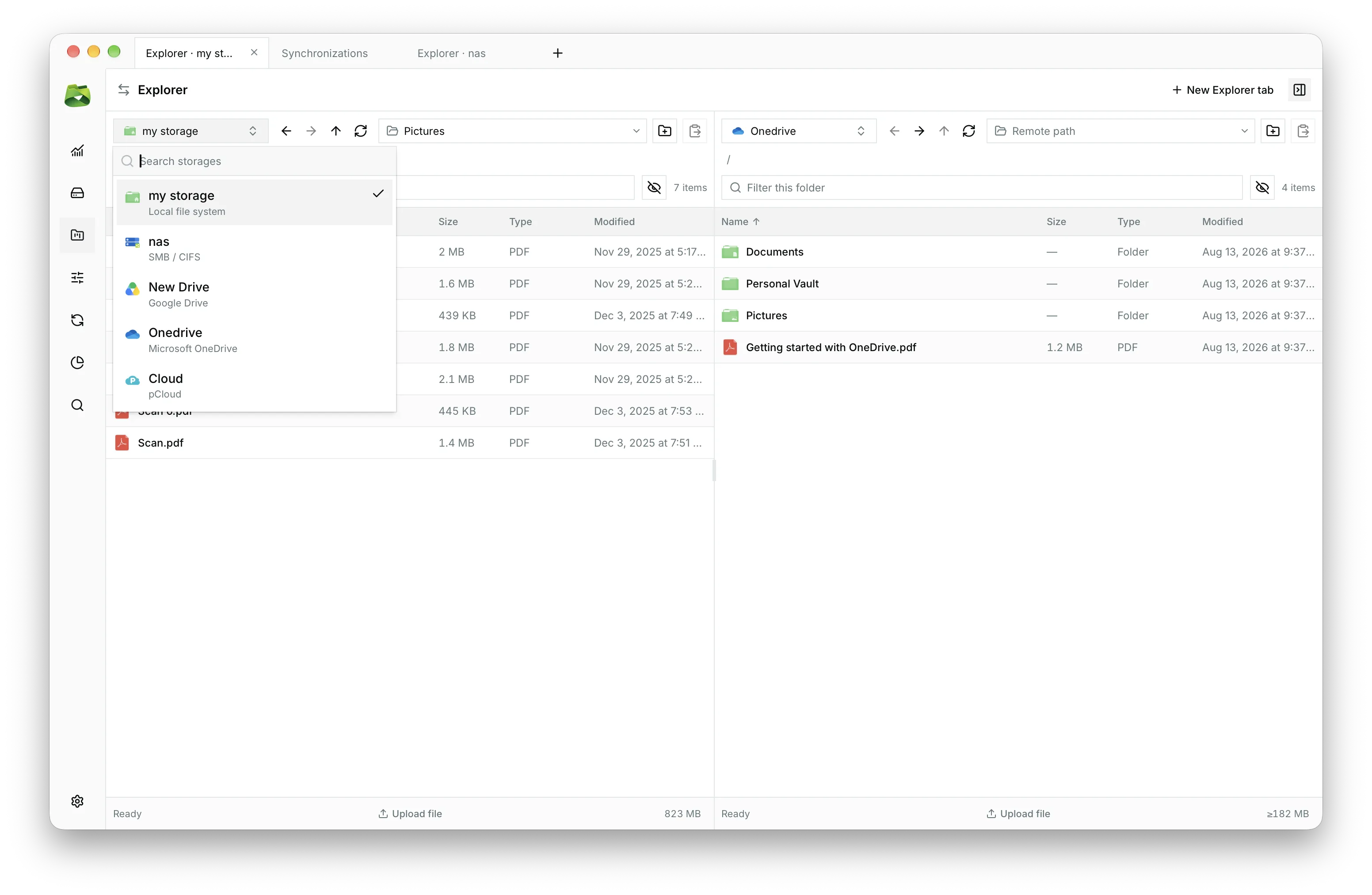 Instant storage switcher with integrated search bar per pane.