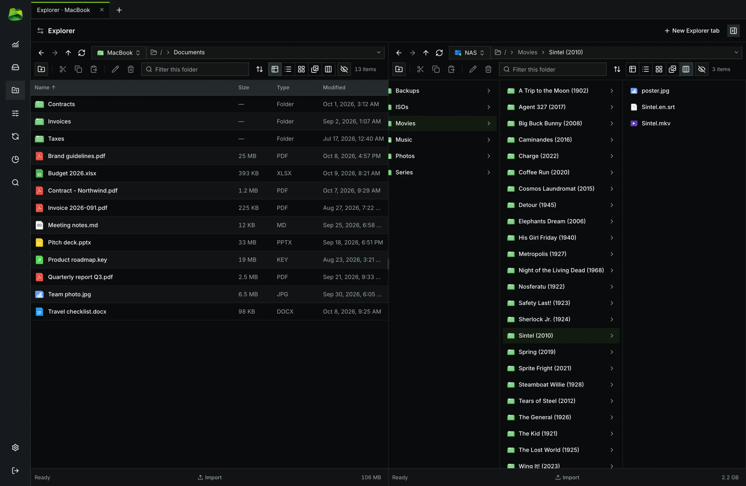 Columns view: each folder level of the NAS in its own column.