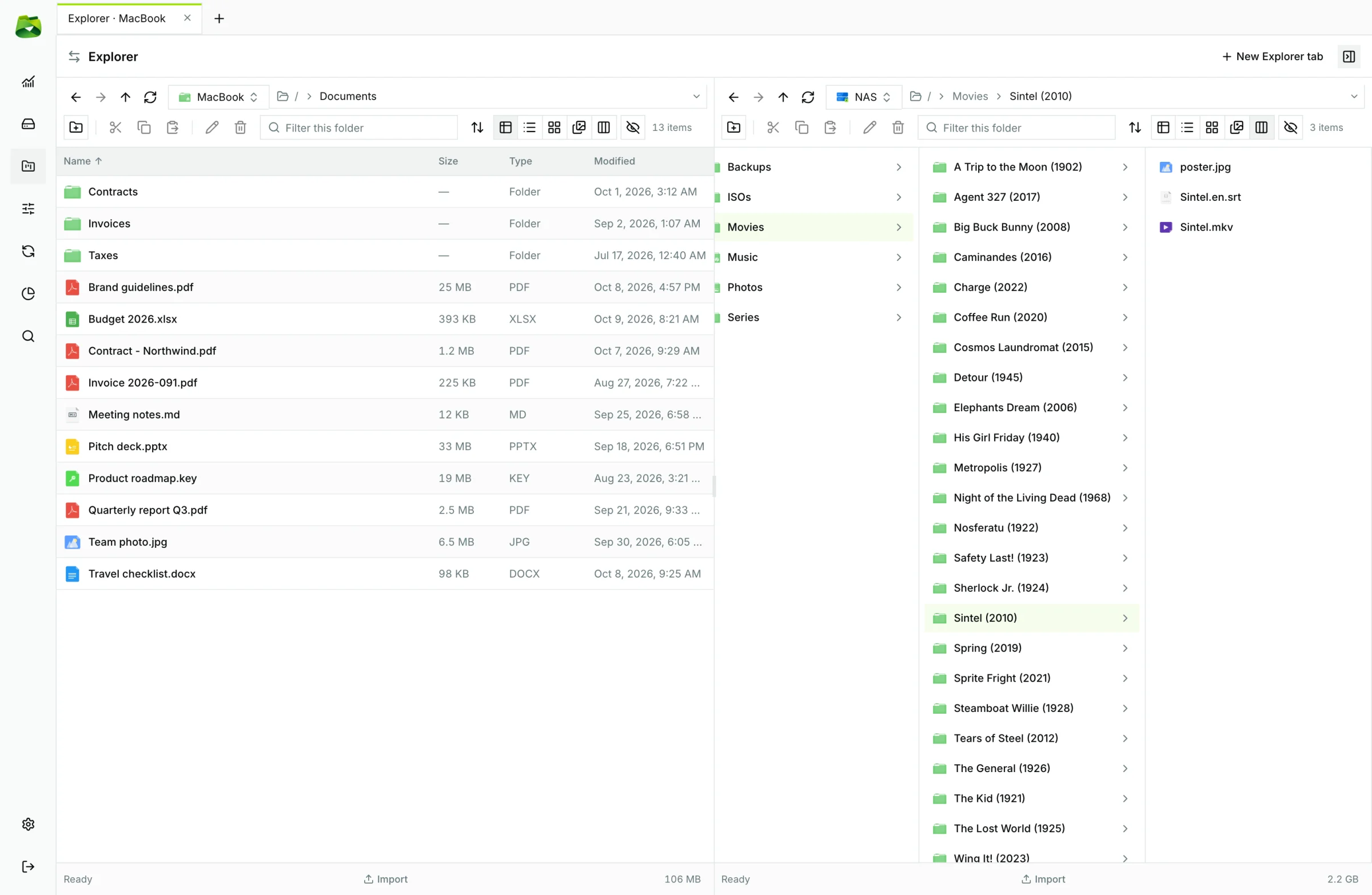 Columns view: each folder level of the NAS in its own column.