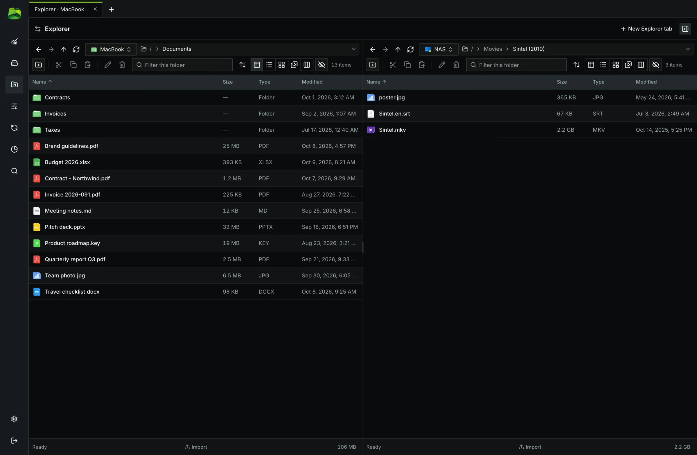 Details view: a sortable table with size, type and modification date.