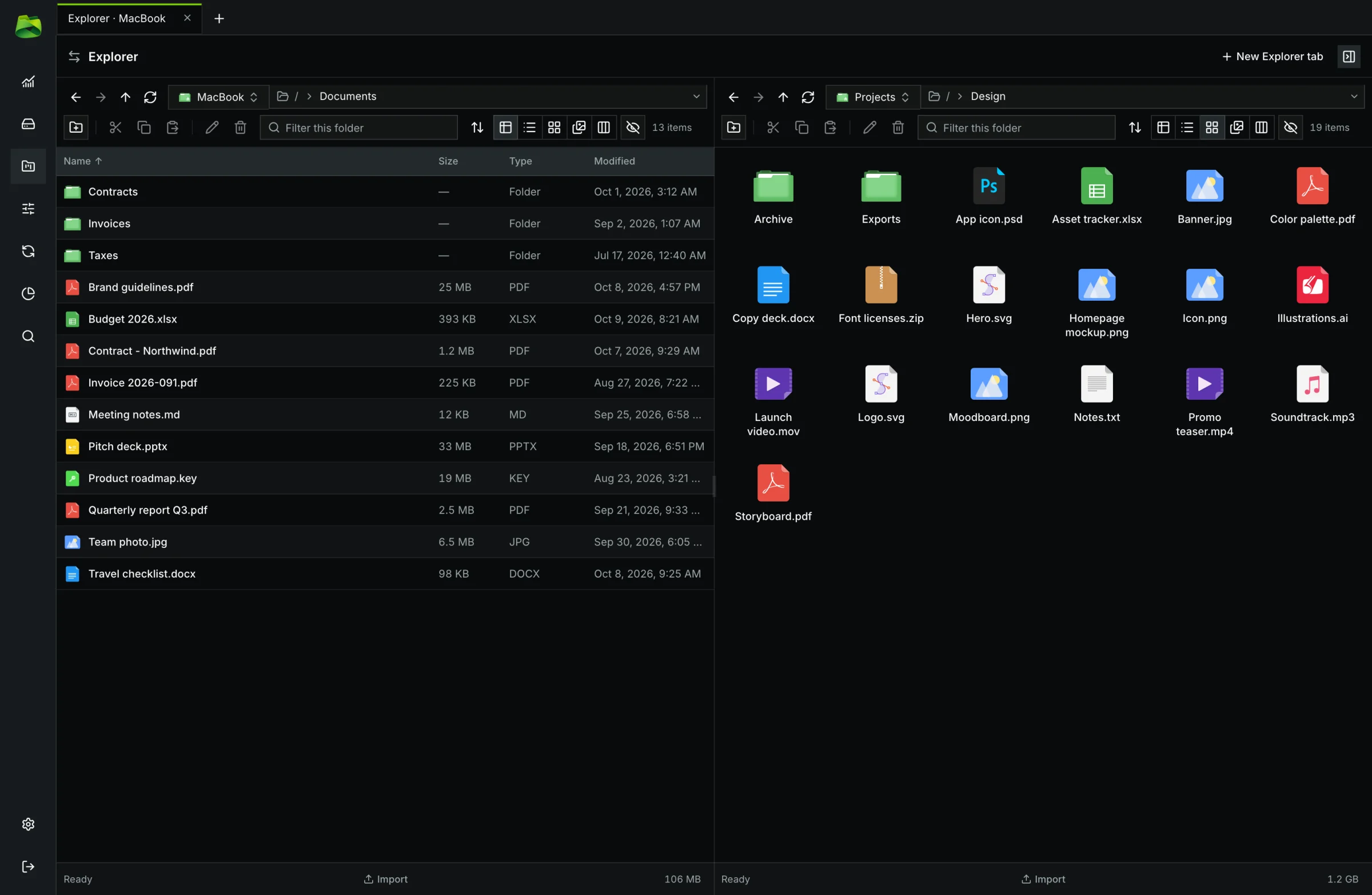 Icons view: a design folder with large file type icons.