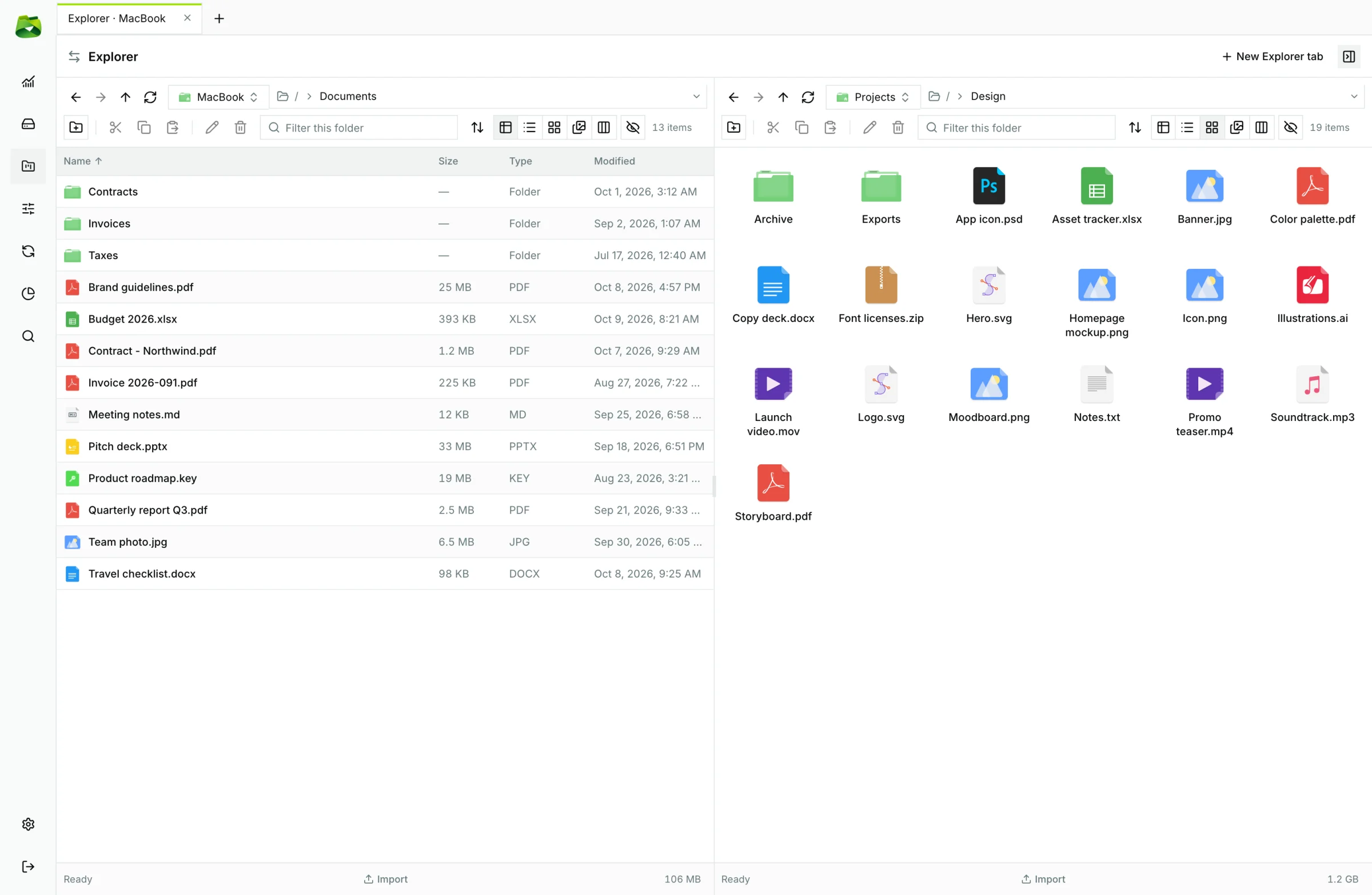 Icons view: a design folder with large file type icons.