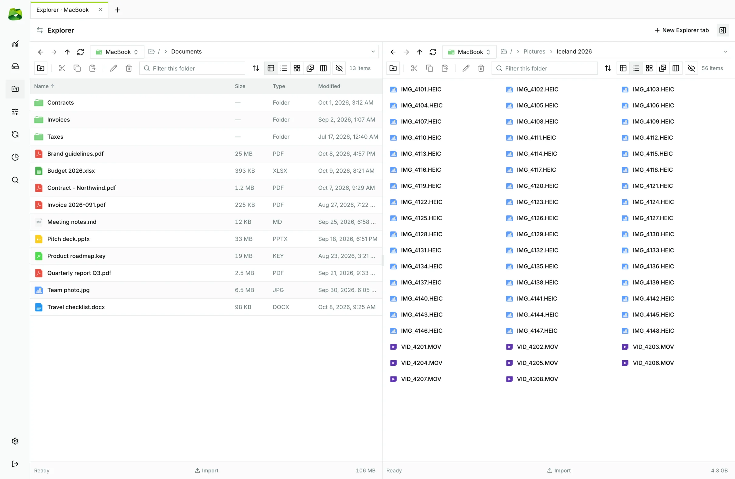 List view: a large photo folder shown as compact columns of names.