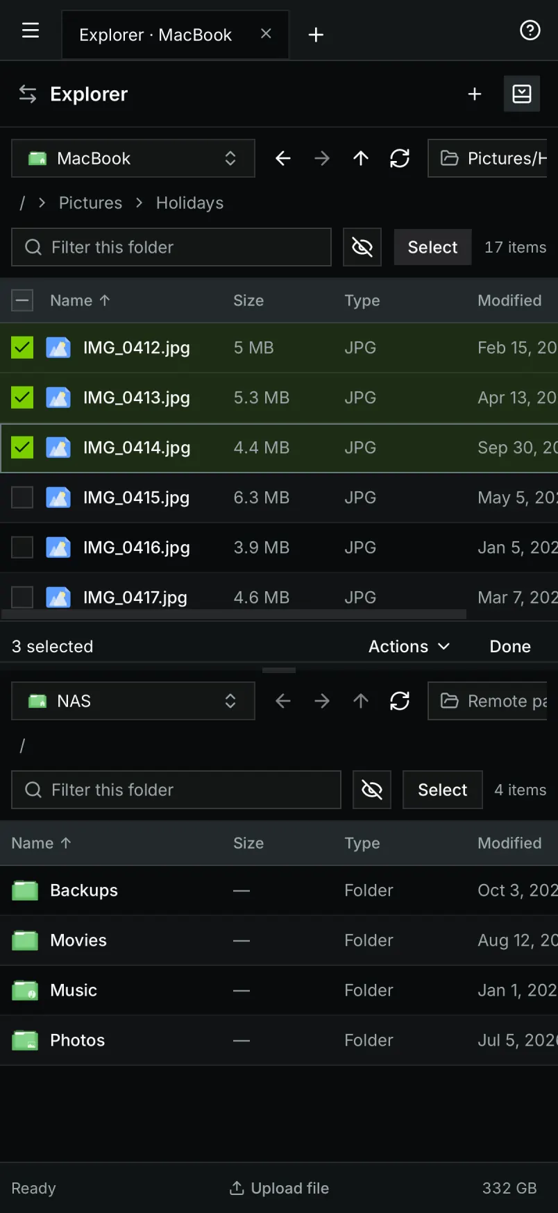 Explorer on a phone: the two panes stack, and Select mode shows the Actions bar for the chosen files.