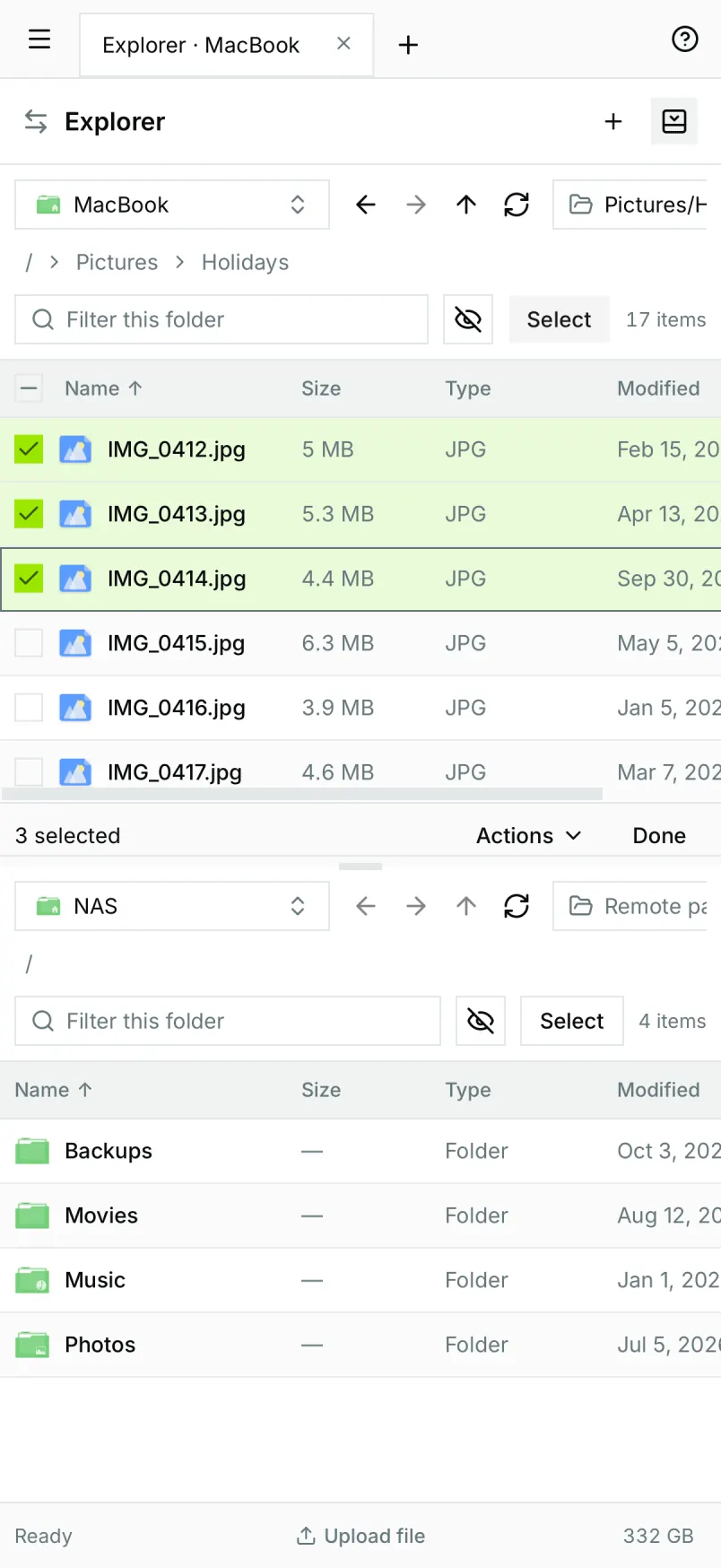 Explorer on a phone: the two panes stack, and Select mode shows the Actions bar for the chosen files.