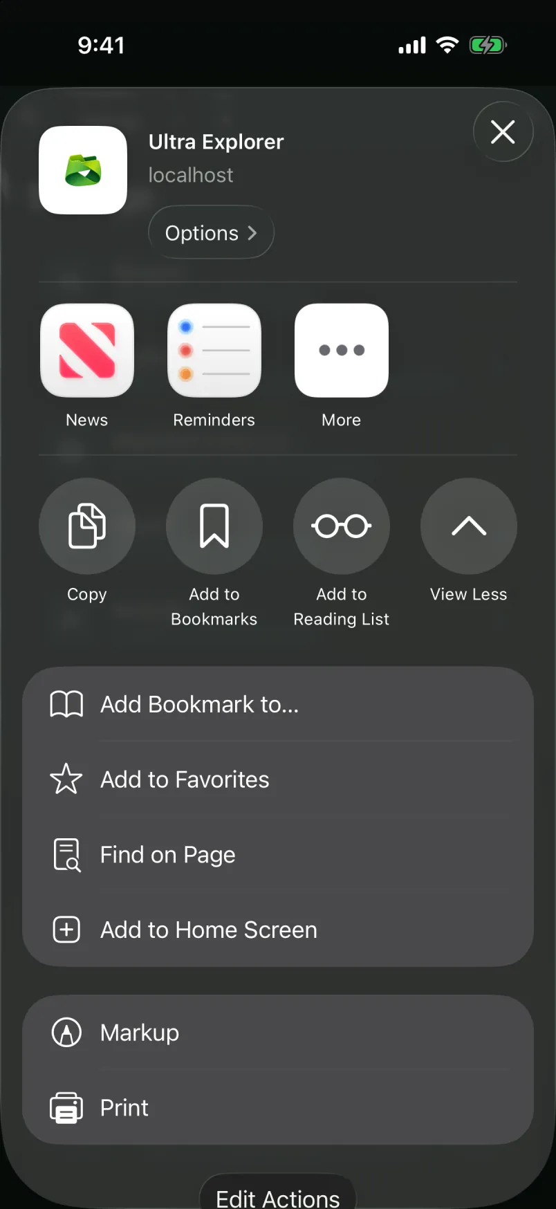 Safari share sheet for Ultra Explorer with the Add to Home Screen action