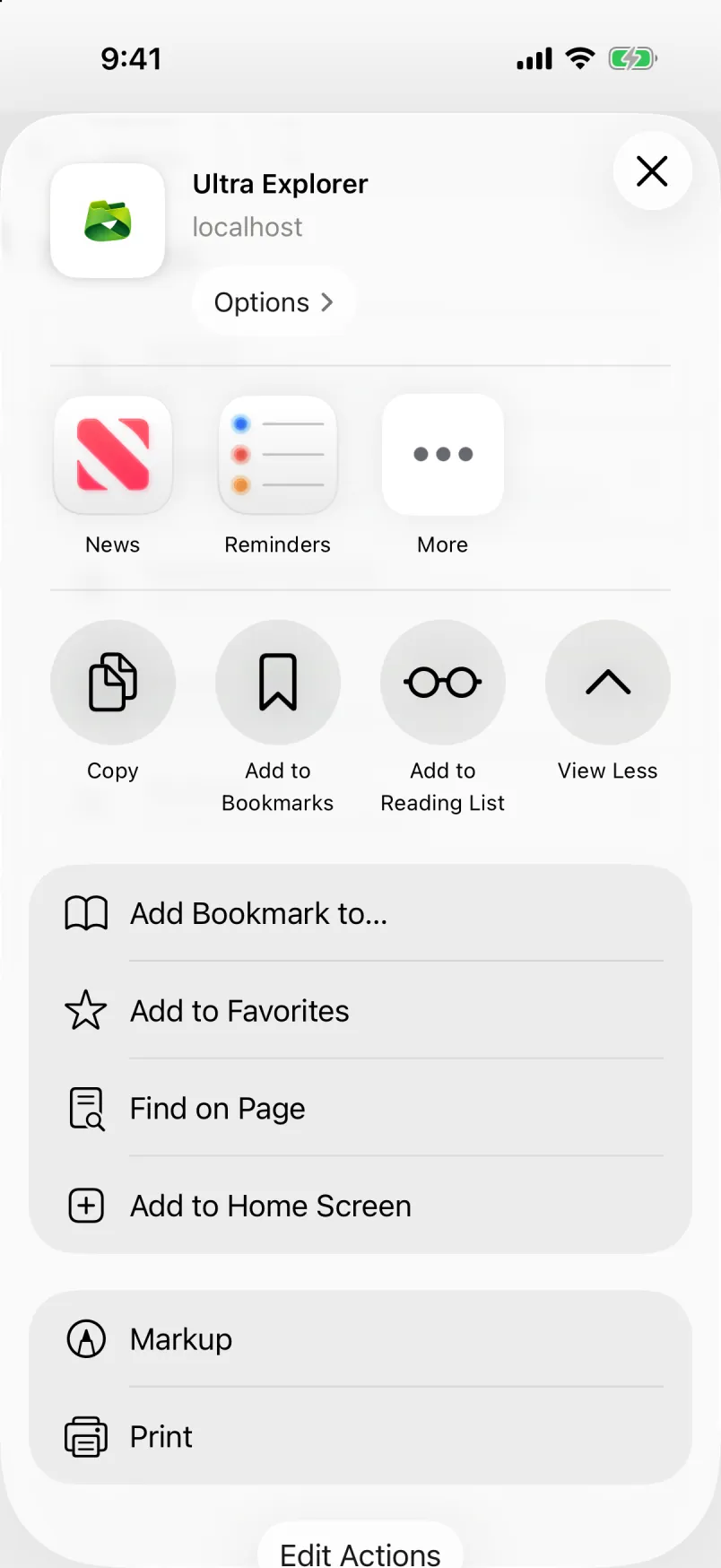 Safari share sheet for Ultra Explorer with the Add to Home Screen action
