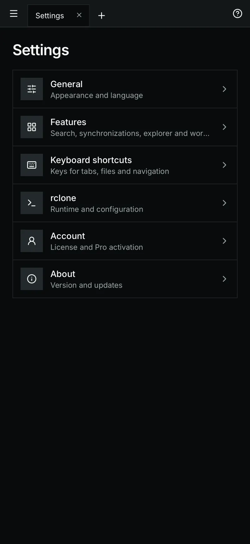 Settings on a small screen switch to a list and detail layout.
