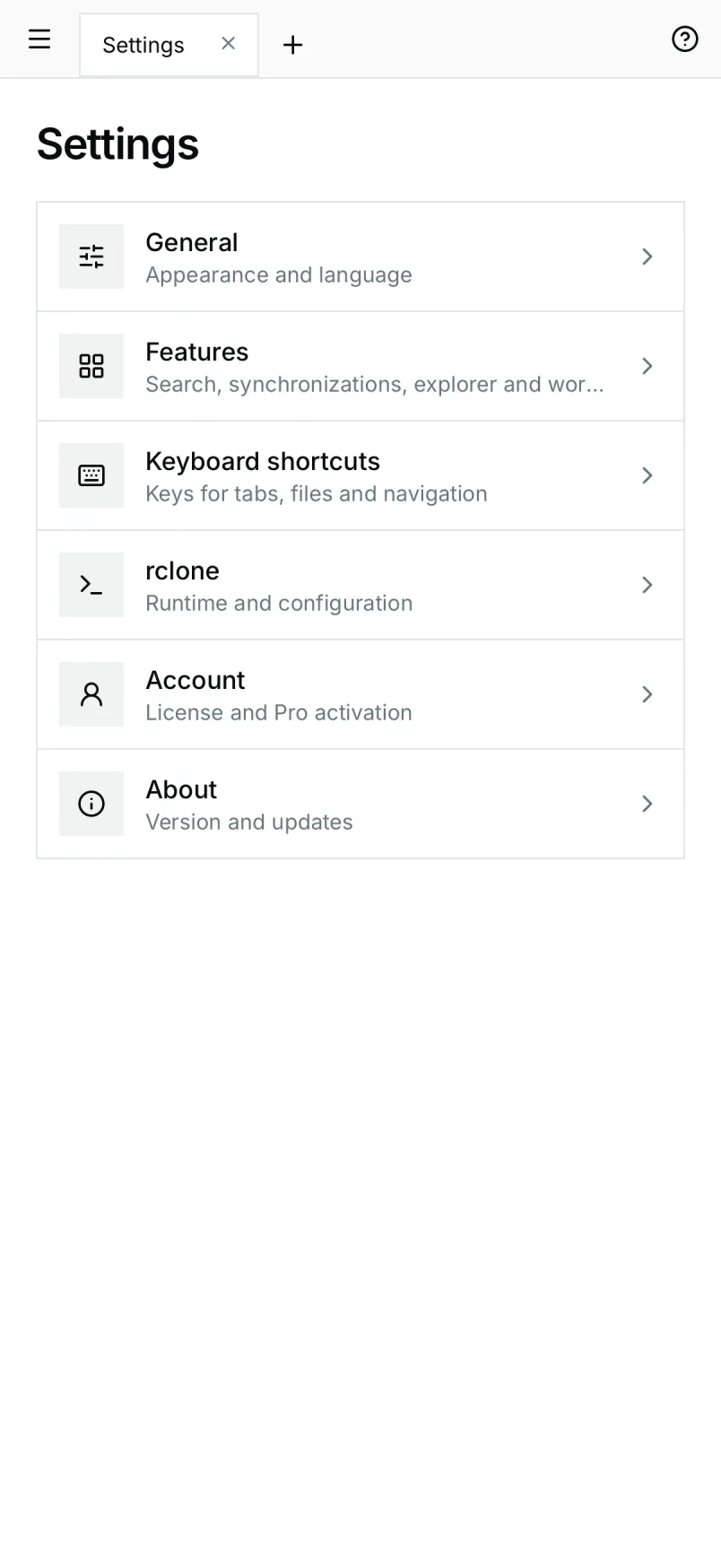 Settings on a small screen switch to a list and detail layout.
