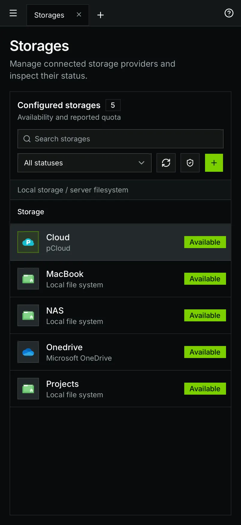 Storages on a phone: every connected storage with its status, one tap away.