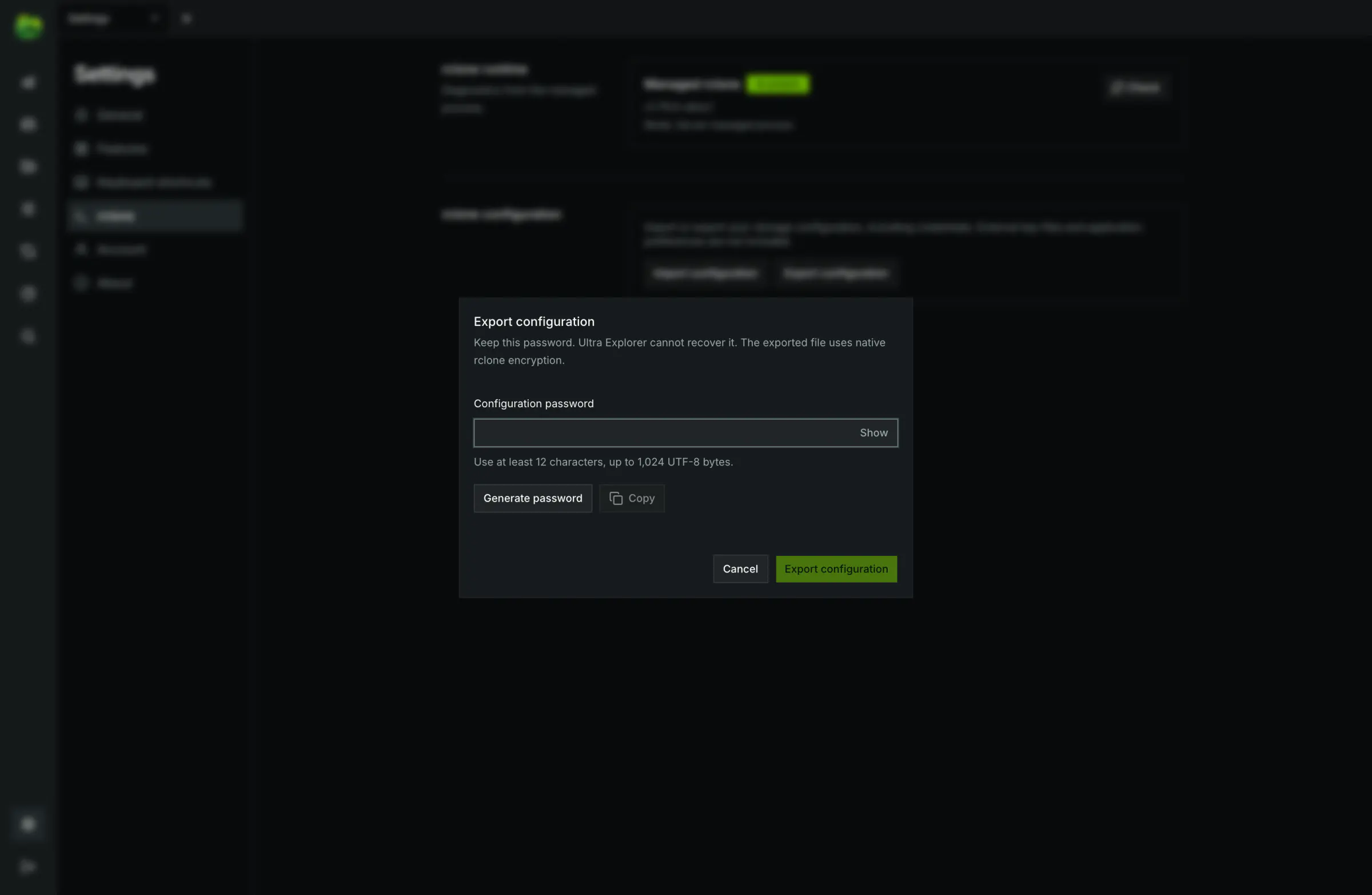 Encrypted configuration export dialog with password generator and copy helper.