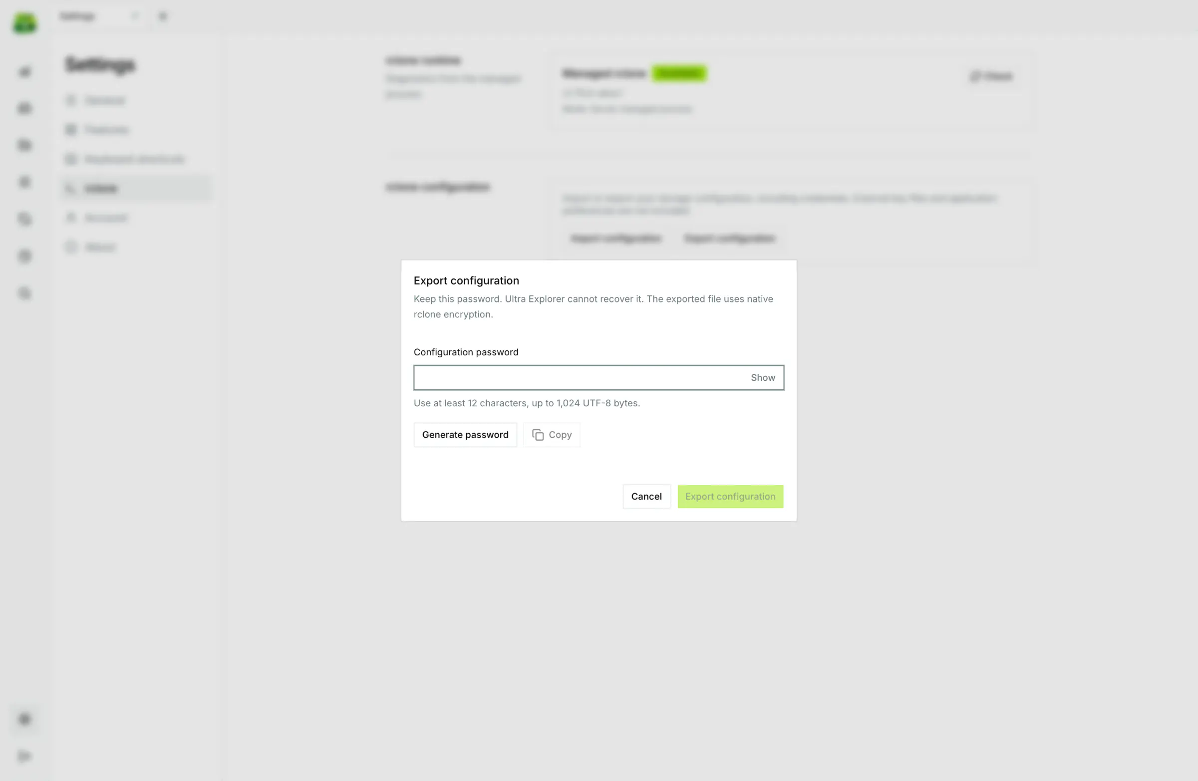 Encrypted configuration export dialog with password generator and copy helper.