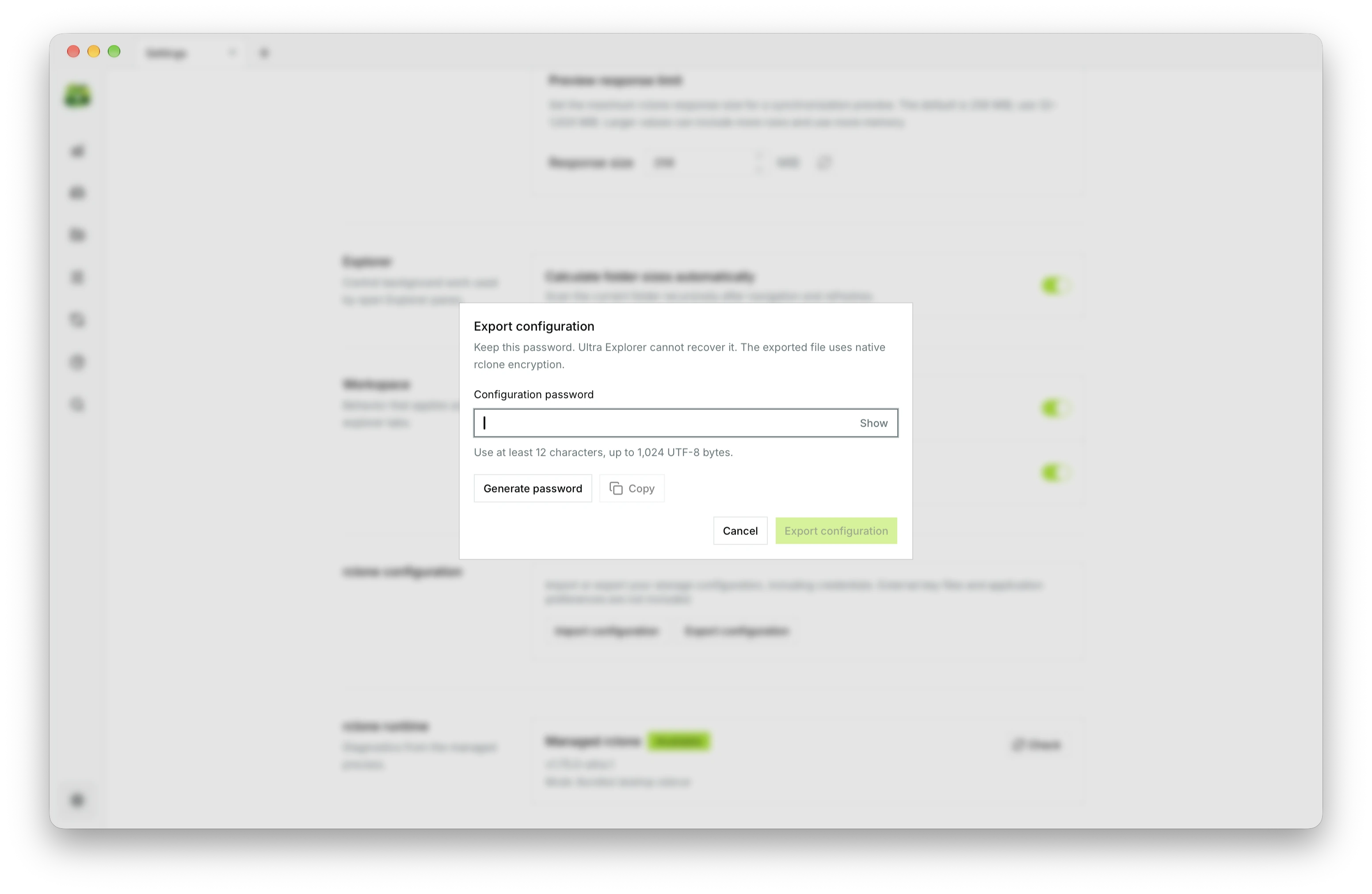 Encrypted configuration export dialog with password generator and copy helper.