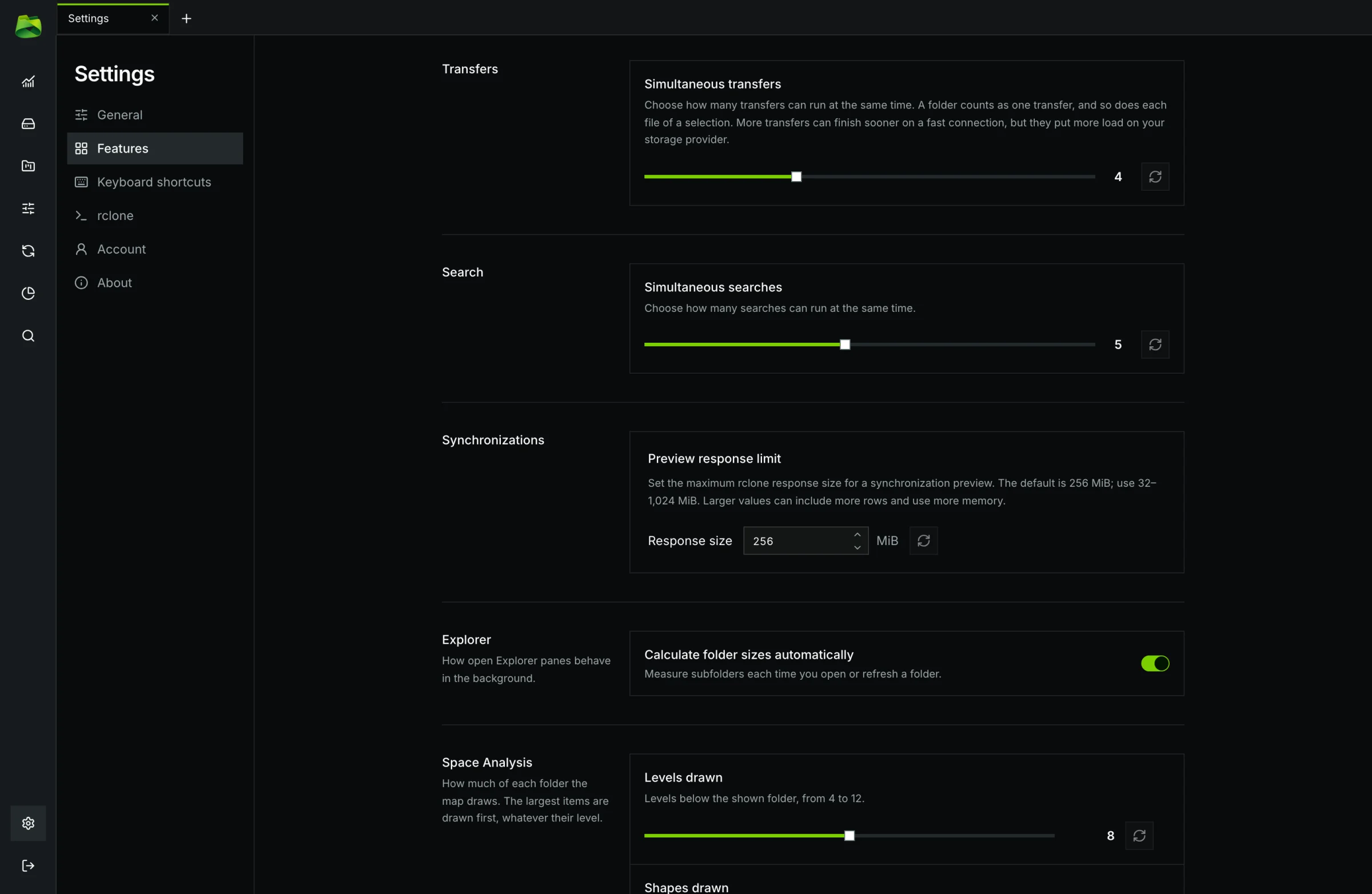 Features: simultaneous transfers and searches, synchronization preview limit, automatic folder sizes and how detailed the Space Analysis map is.