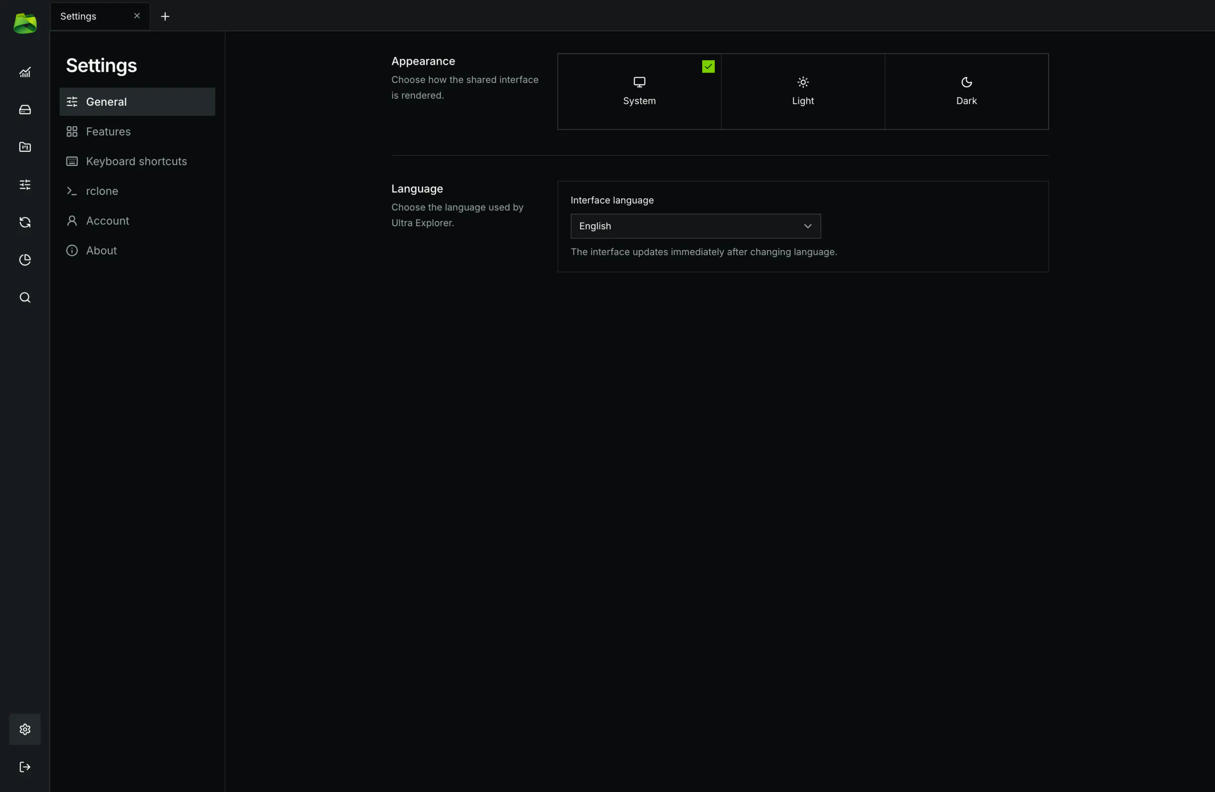 General: appearance (System, Light or Dark) and interface language.