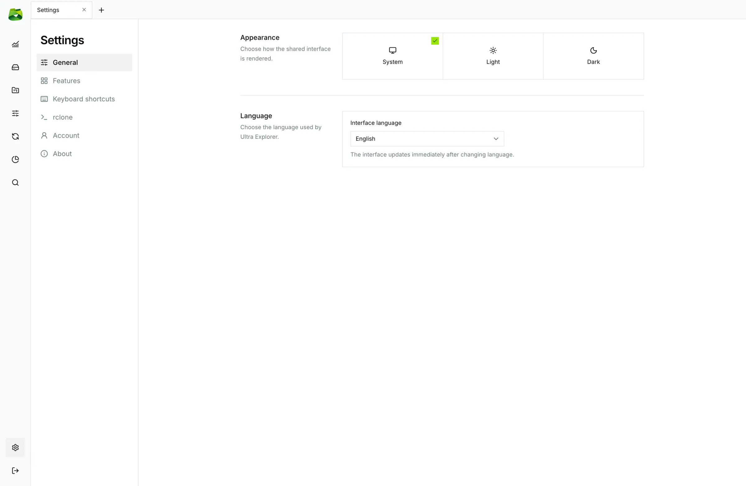 General: appearance (System, Light or Dark) and interface language.