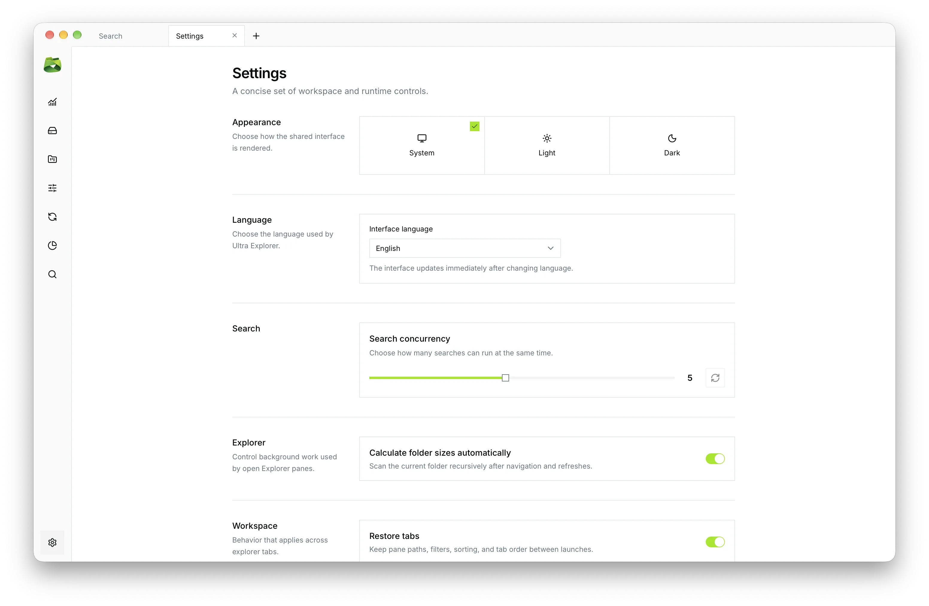 Preferences screen: visual theme, 10 languages, scan concurrency, and recursive folder size options.