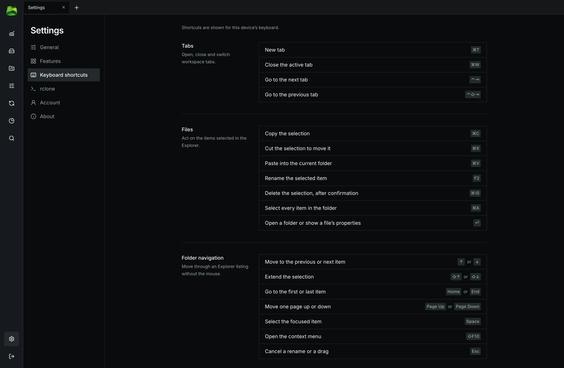 Keyboard shortcuts: every shortcut with a short description, with the keys of your platform.