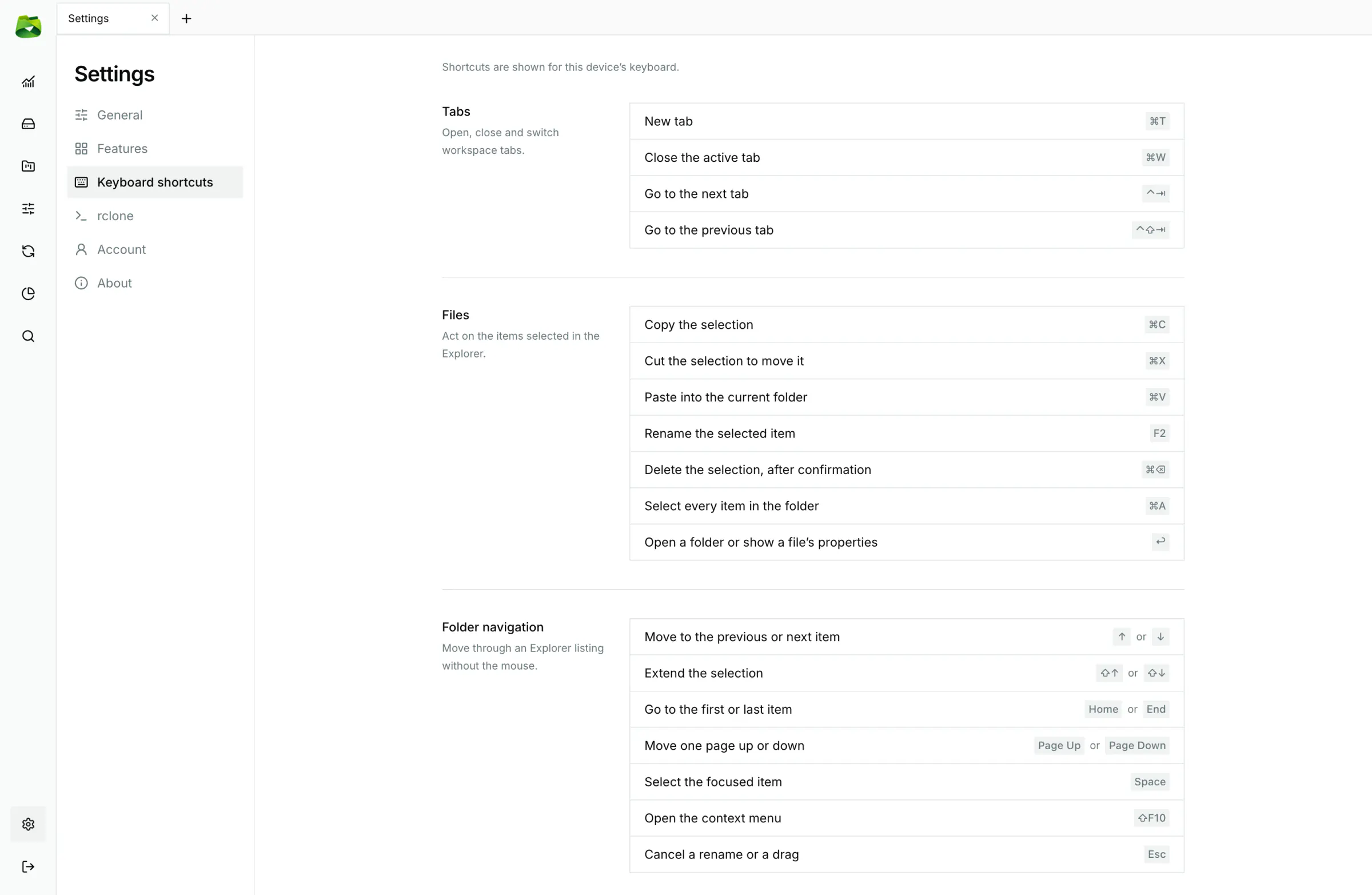 Keyboard shortcuts: every shortcut with a short description, with the keys of your platform.