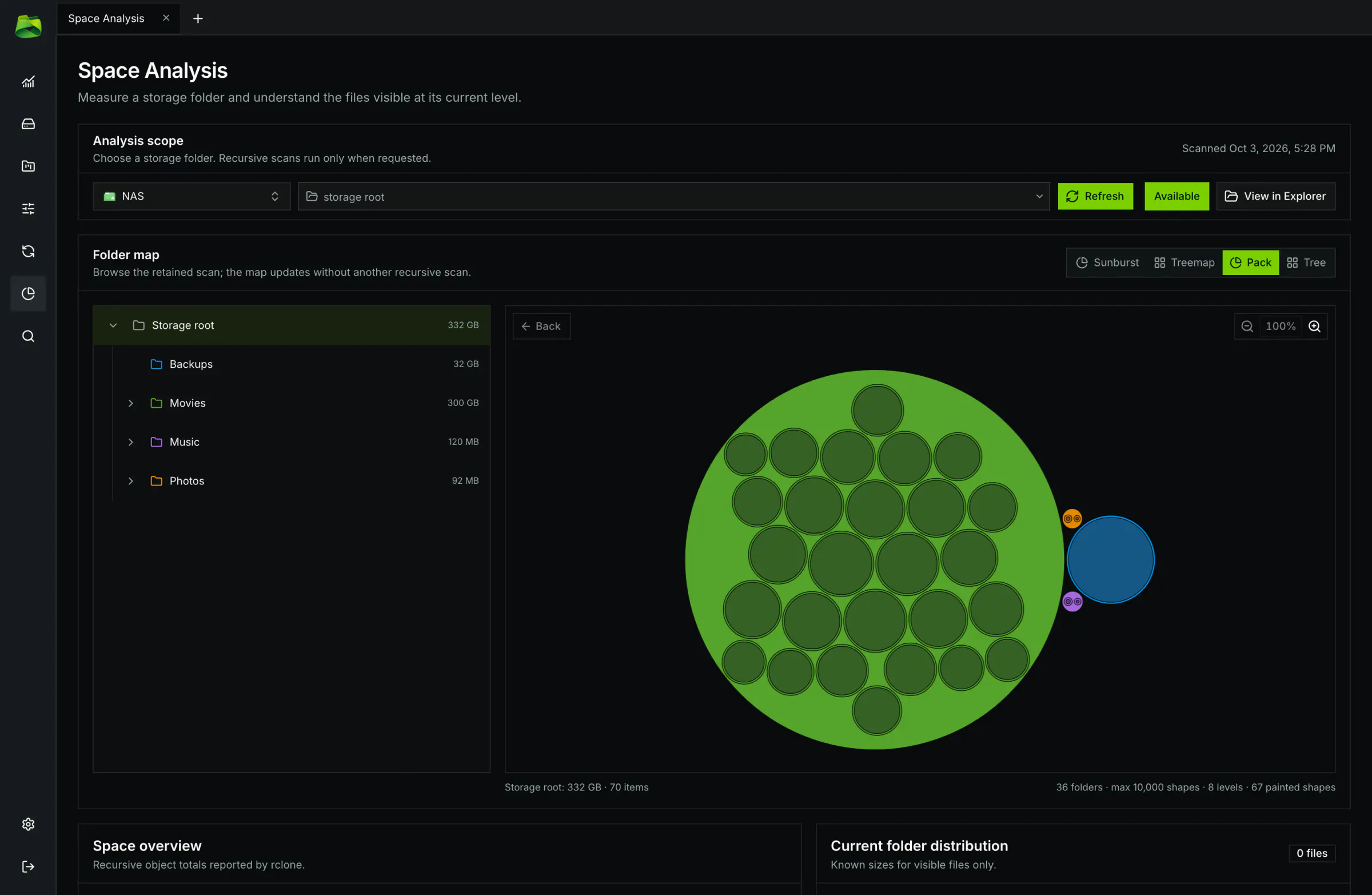Circle Pack view: fluid nested bubbles to compare subfolder densities.