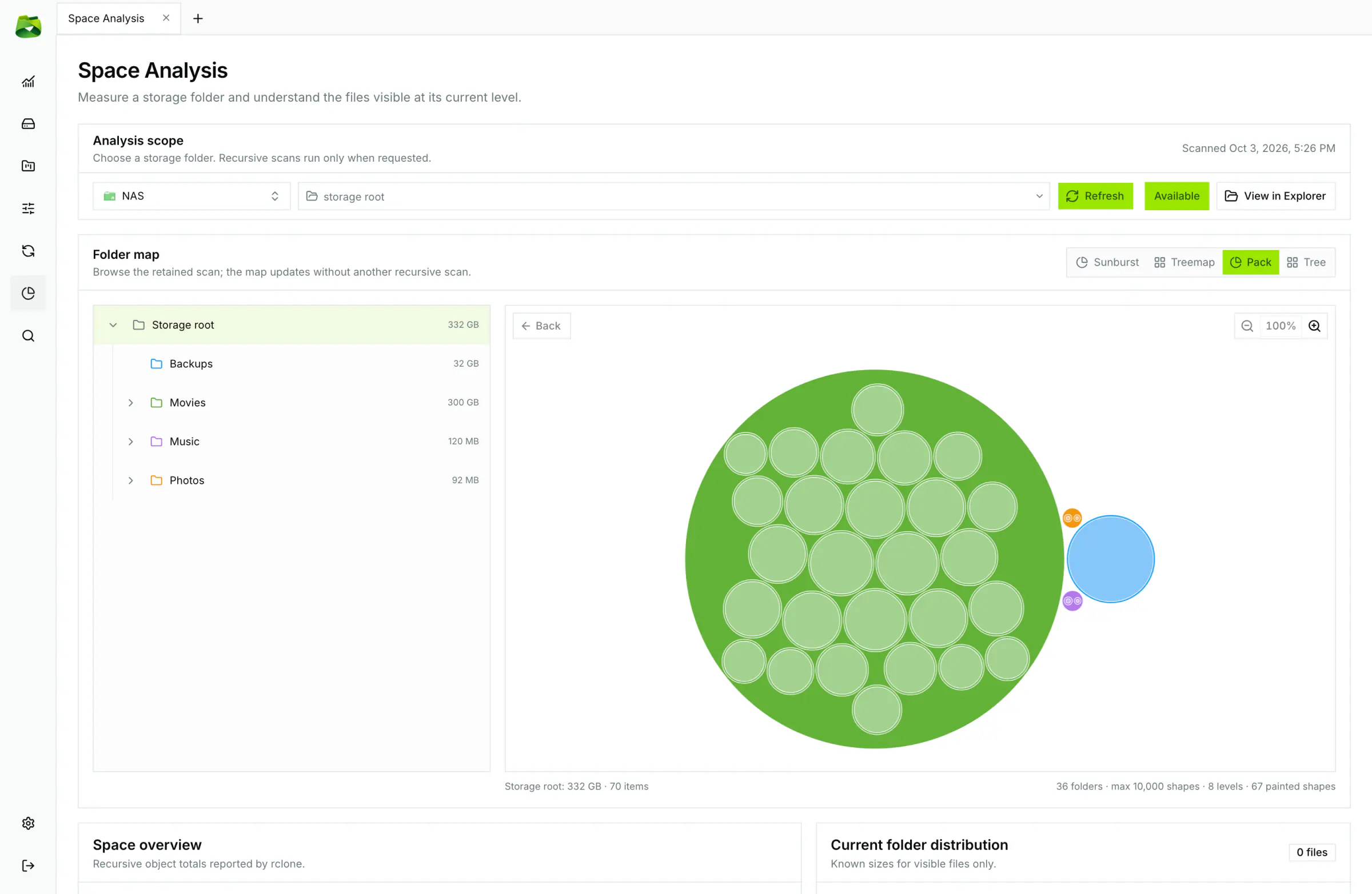Circle Pack view: fluid nested bubbles to compare subfolder densities.