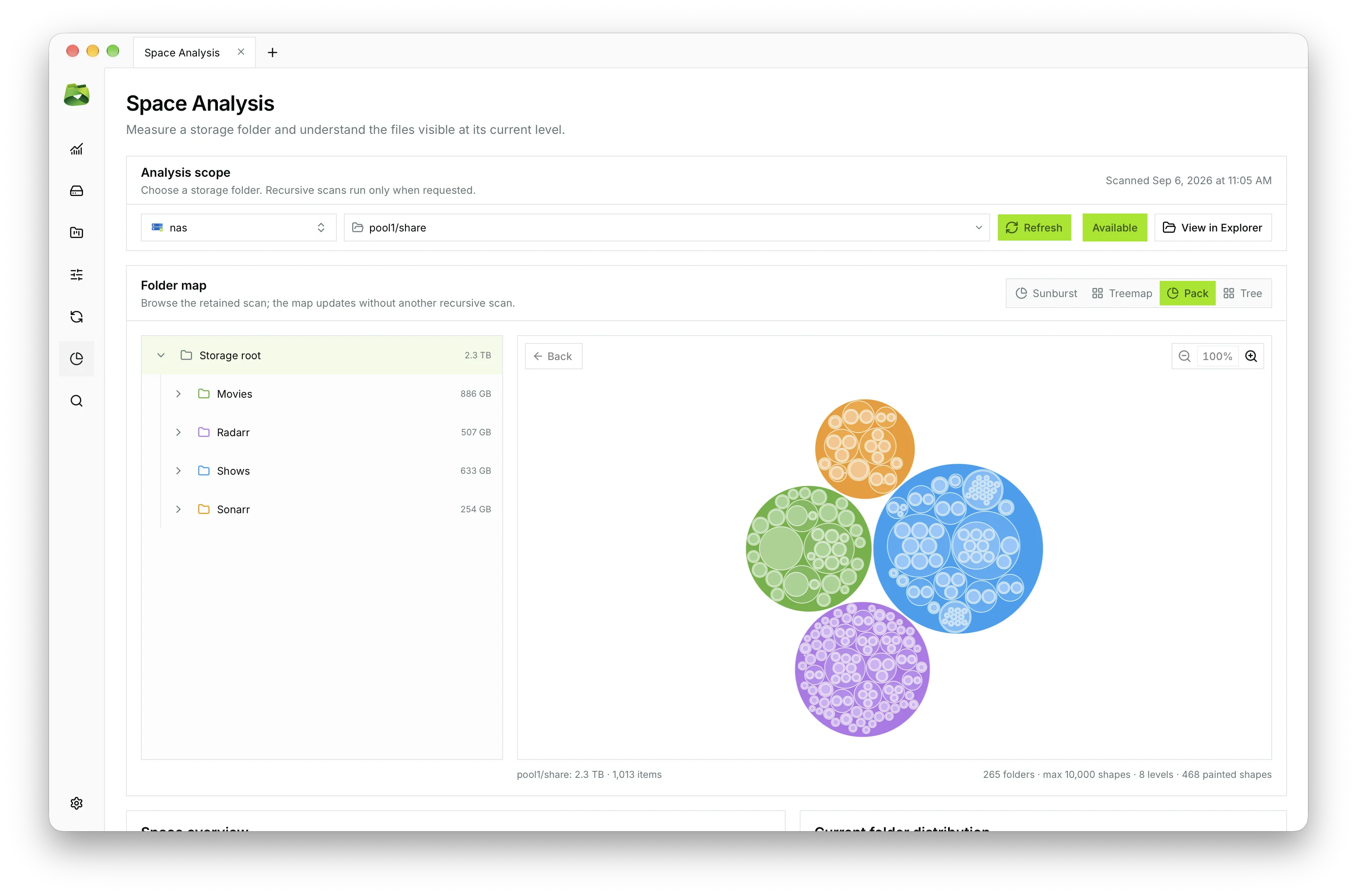 Circle Pack view: fluid nested bubbles to compare subfolder densities.