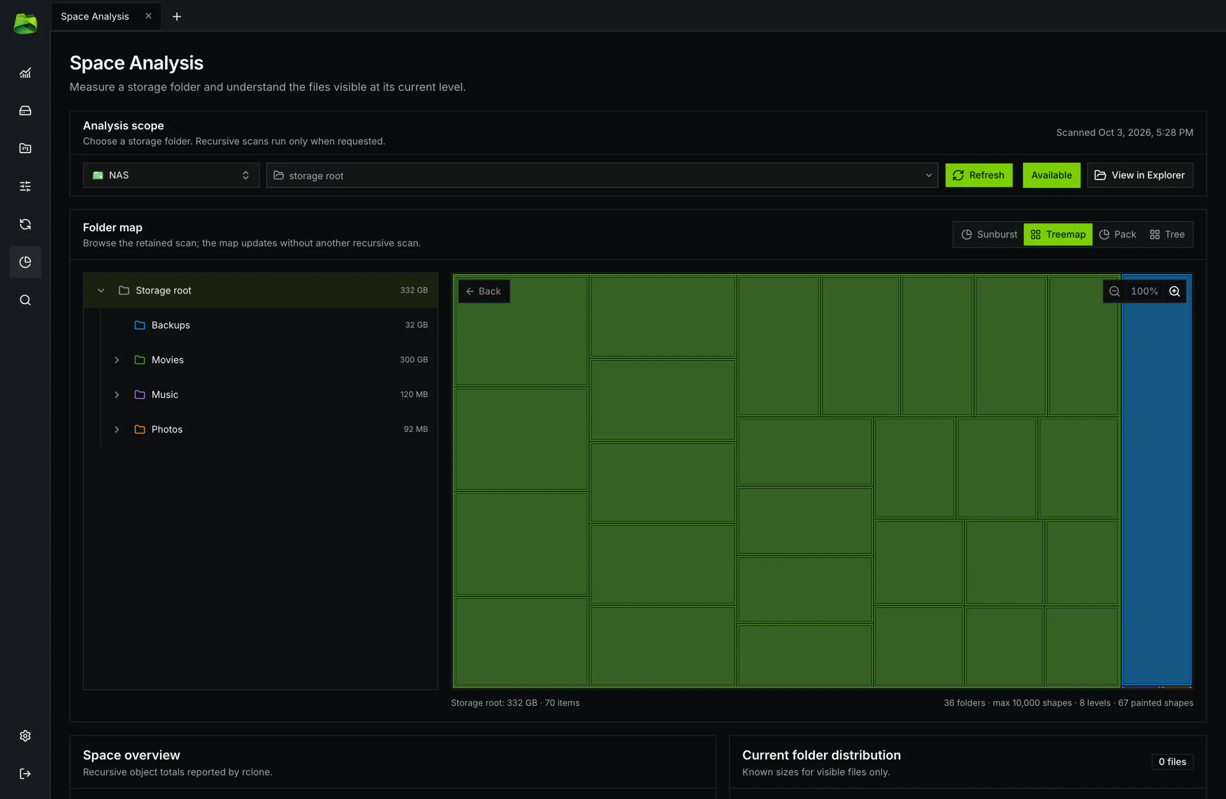 Treemap view: squarified rectangles to instantly spotlight the largest files.