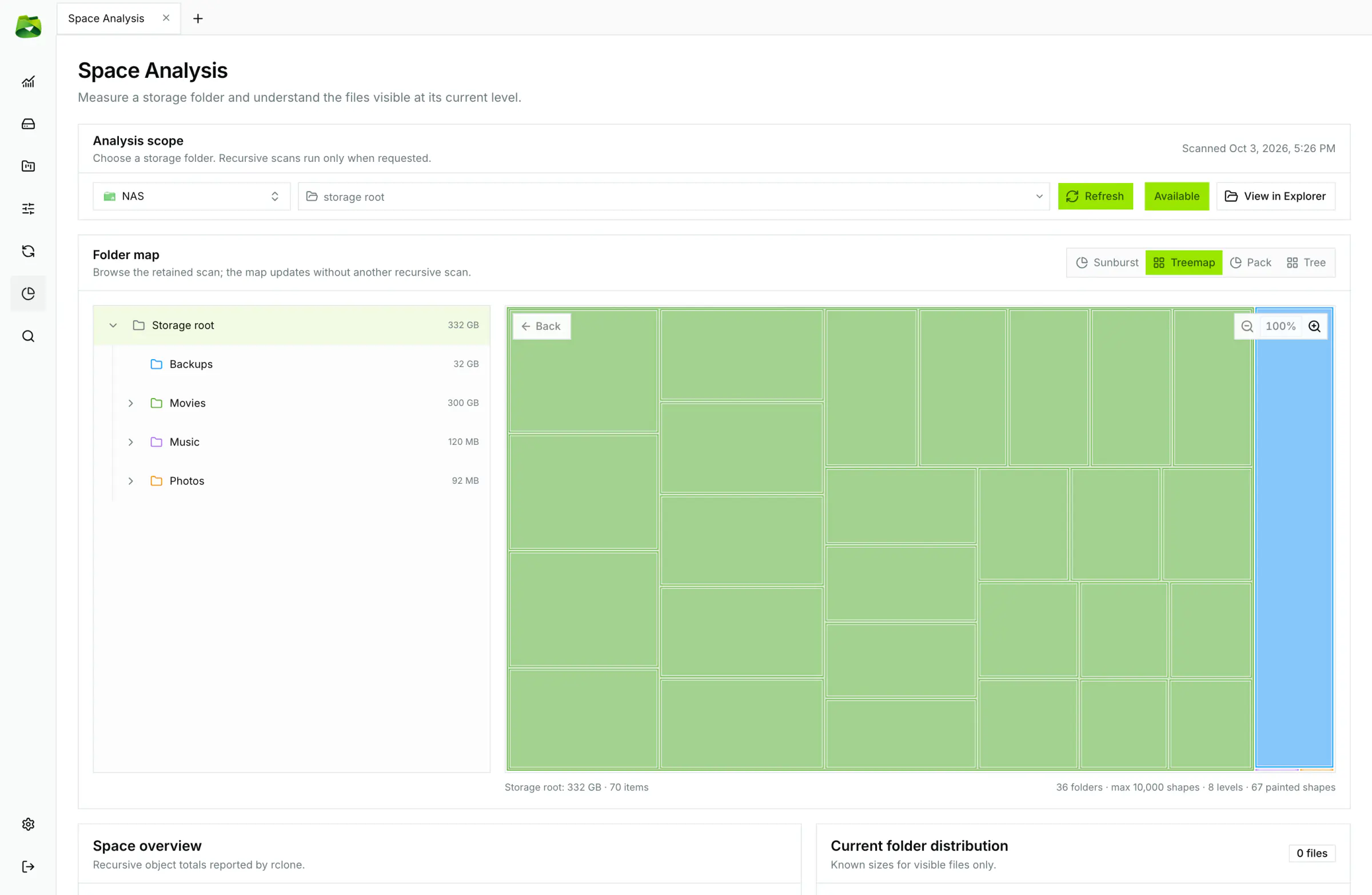 Treemap view: squarified rectangles to instantly spotlight the largest files.