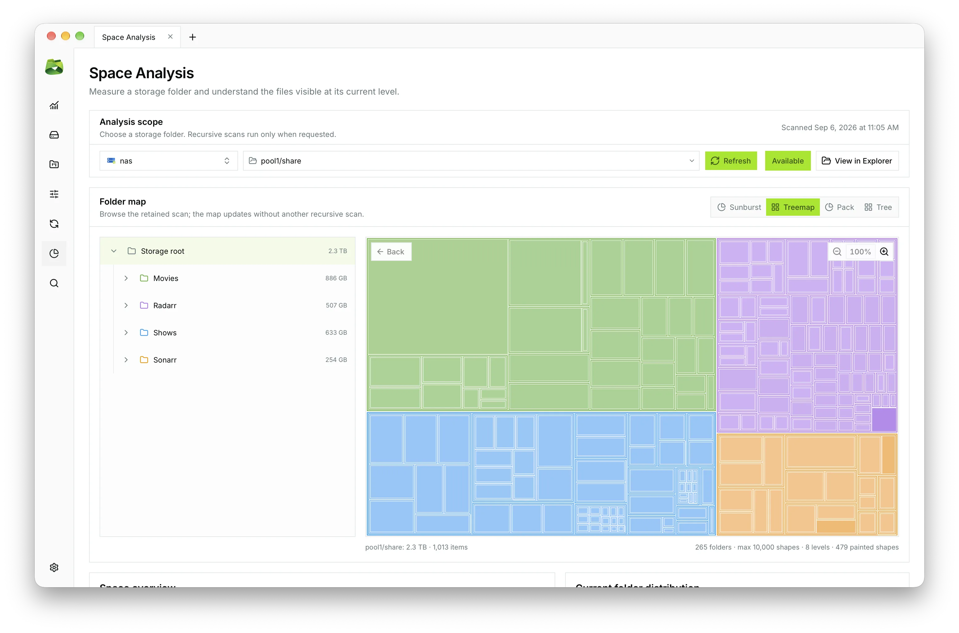 Treemap view: squarified rectangles to instantly spotlight the largest files.