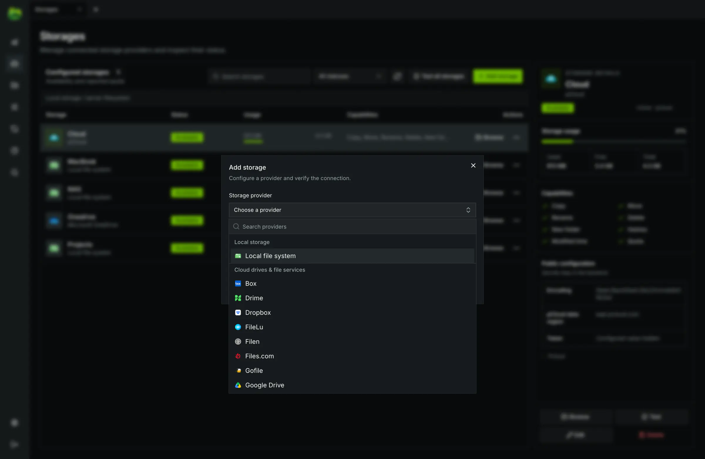 Built-in catalog of 40+ cloud providers, network protocols (SMB, SFTP, WebDAV), and object storage (S3, B2).