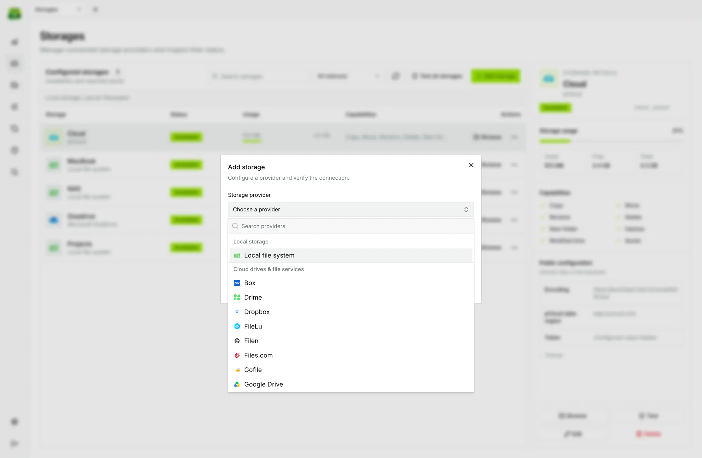 Built-in catalog of 40+ cloud providers, network protocols (SMB, SFTP, WebDAV), and object storage (S3, B2).