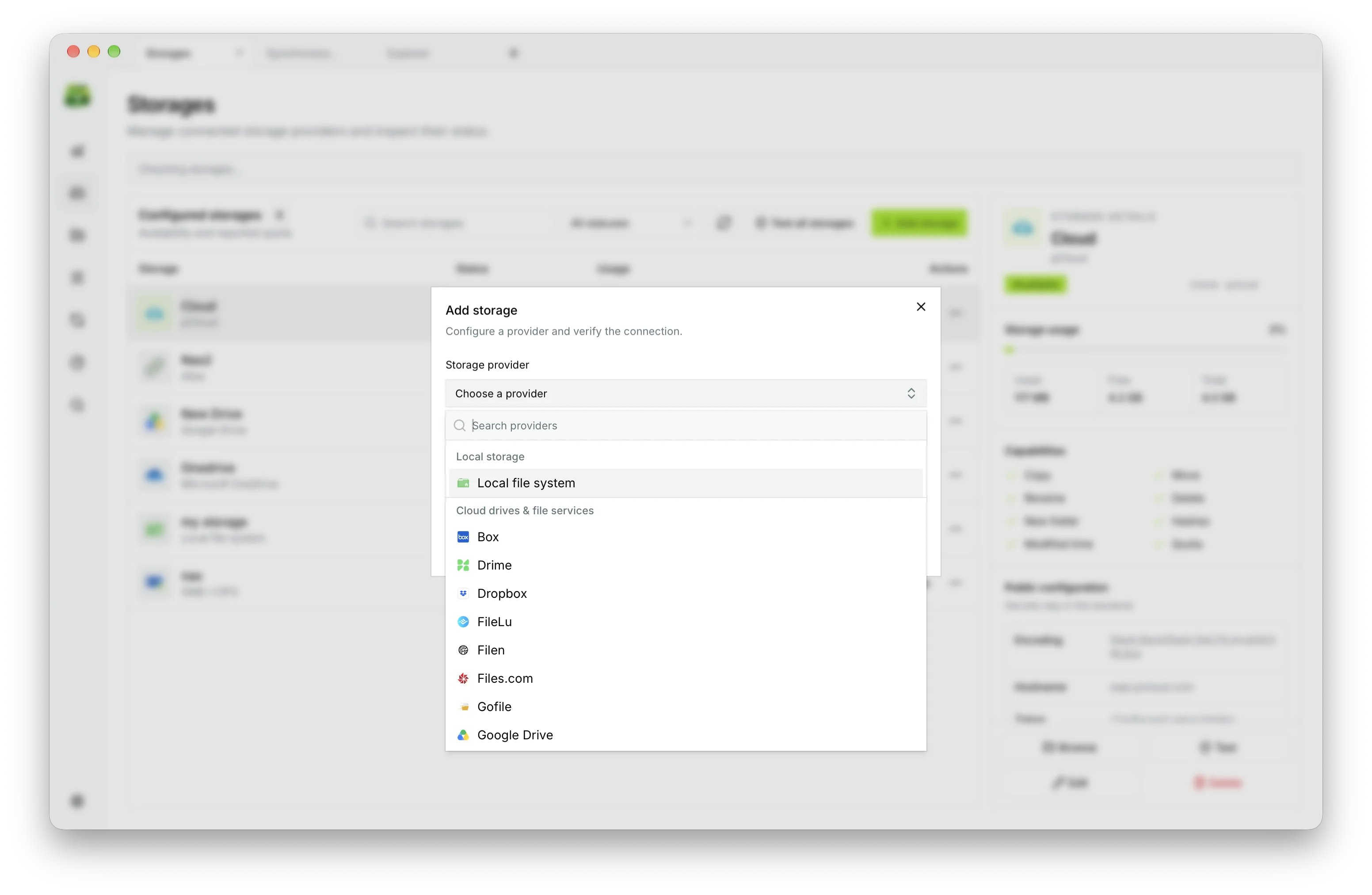 Built-in catalog of 40+ cloud providers, network protocols (SMB, SFTP, WebDAV), and object storage (S3, B2).