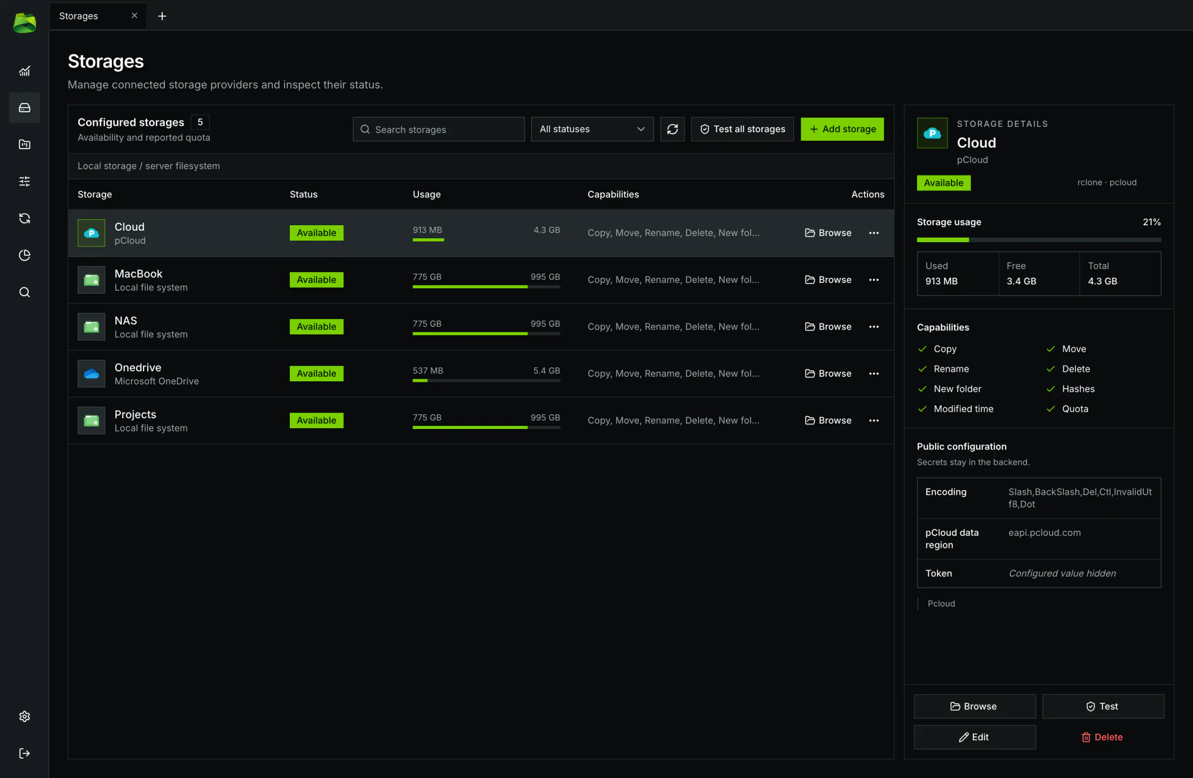 Storage manager in light mode with quick actions (Explore, Analyze Space, Export config).