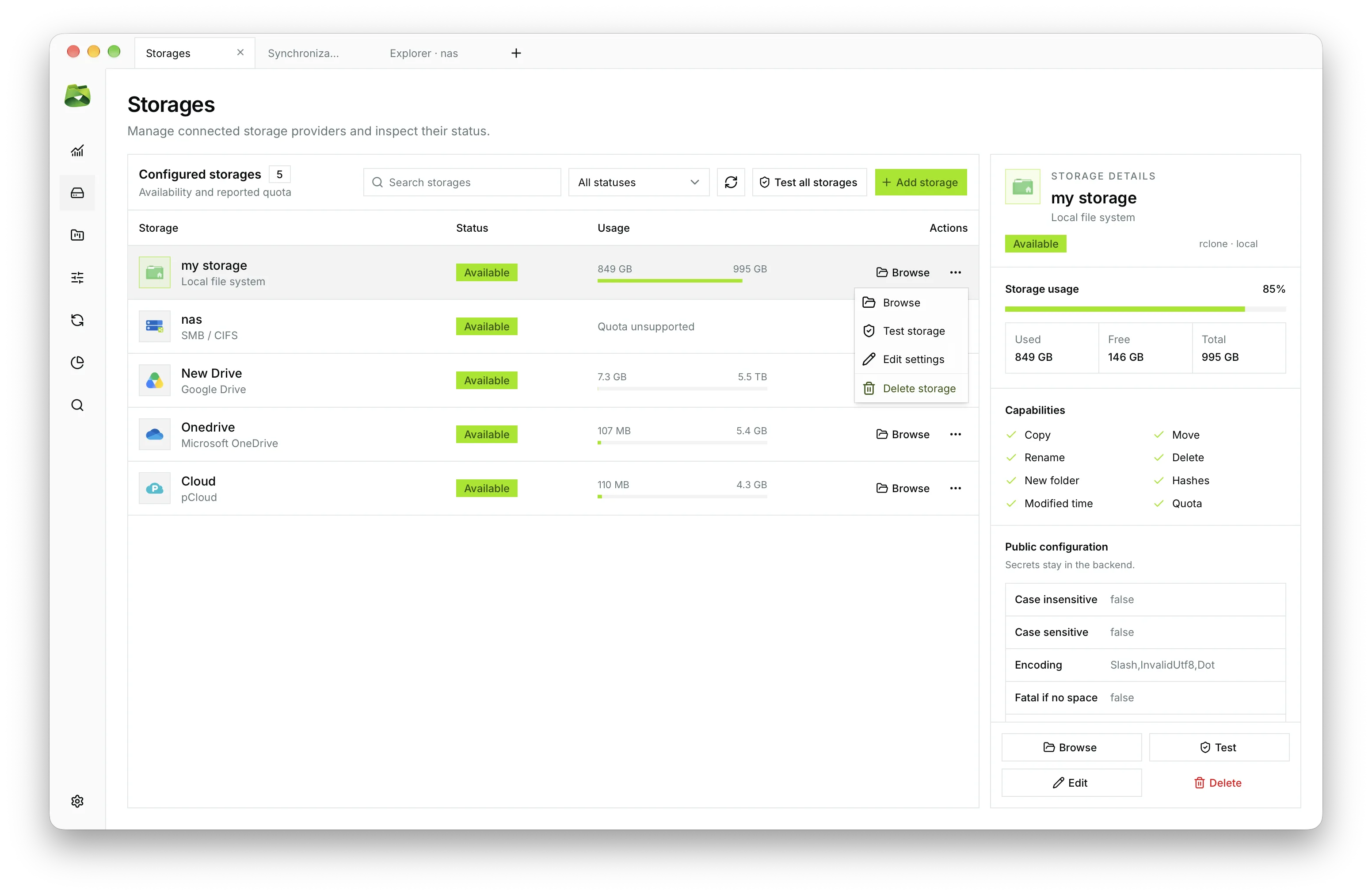 Storage manager in light mode with quick actions (Explore, Analyze Space, Export config).