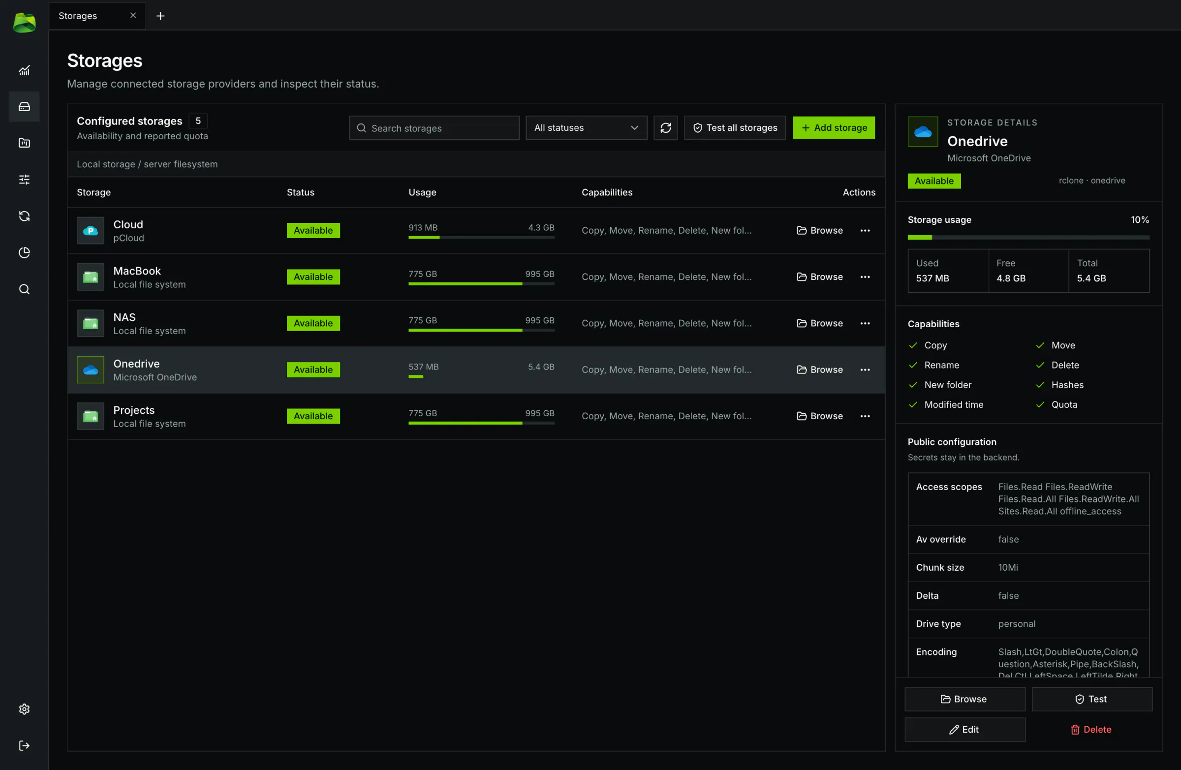 Detailed remote view with storage gauges, connection status, and mount paths.