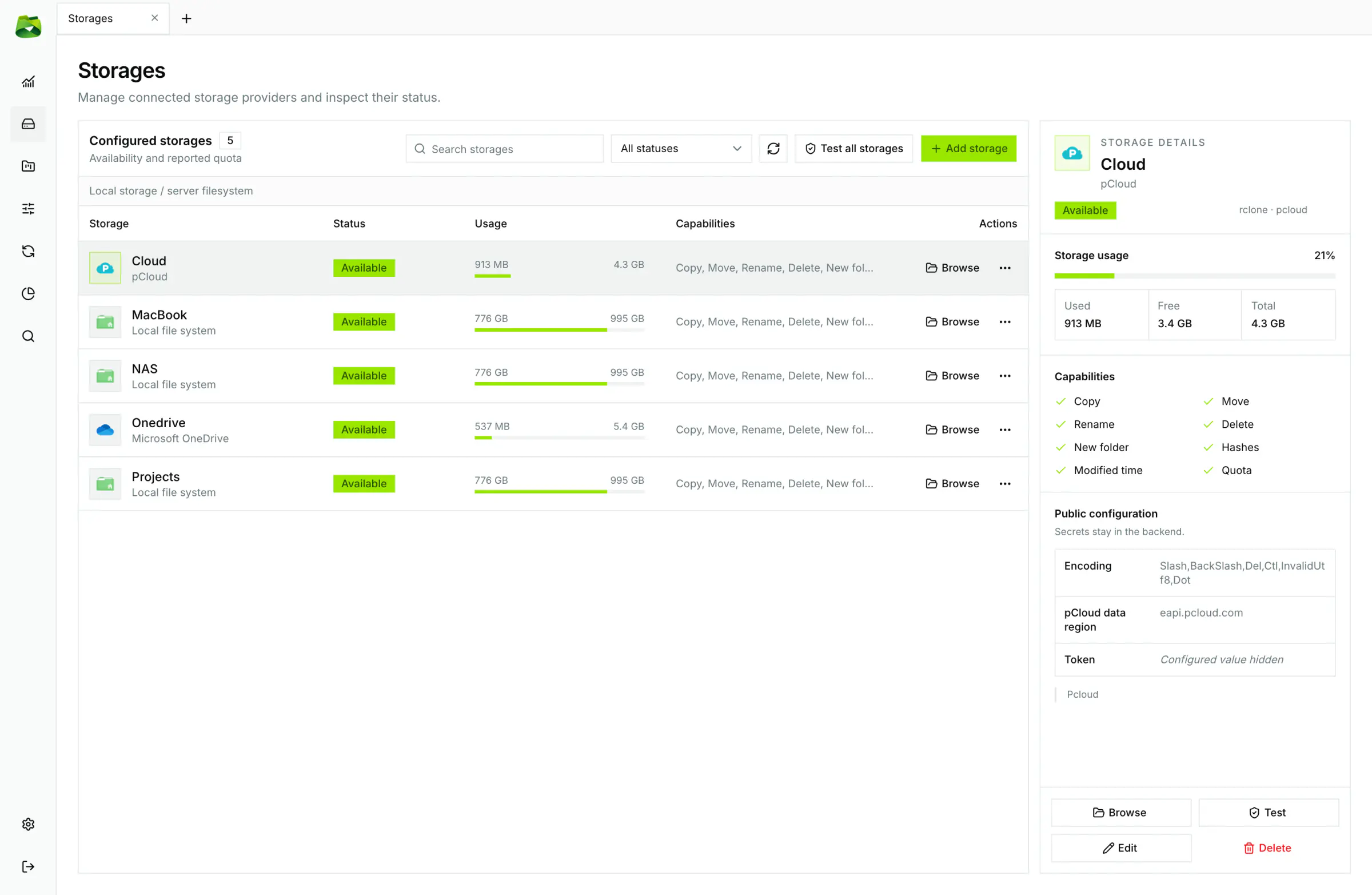 Storage manager in light mode with quick actions (Explore, Analyze Space, Export config).